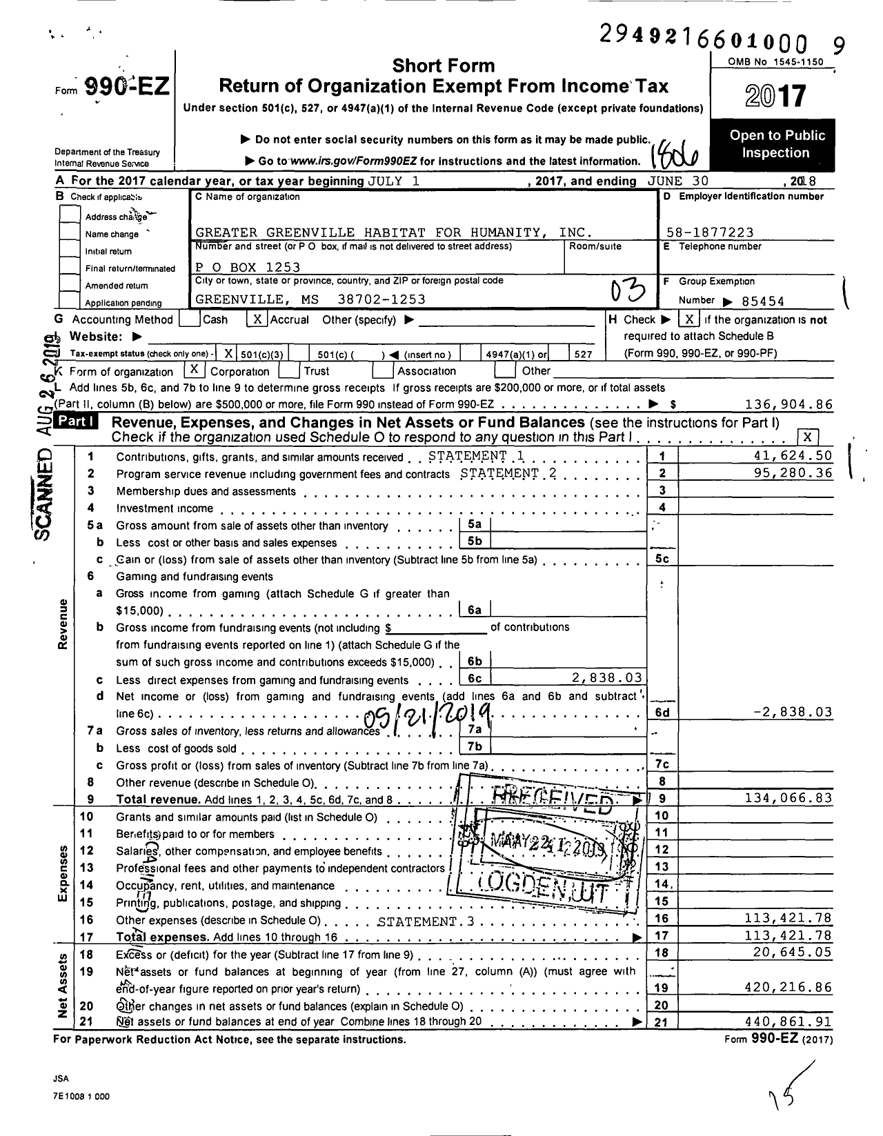 Image of first page of 2017 Form 990EZ for Habitat for Humanity - Greater Greenville Habitat for Humanity