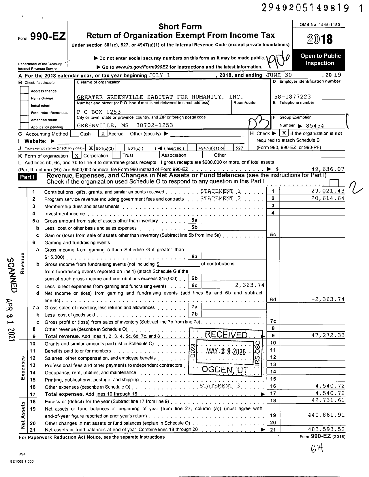 Image of first page of 2018 Form 990EZ for Habitat for Humanity - Greater Greenville Habitat for Humanity