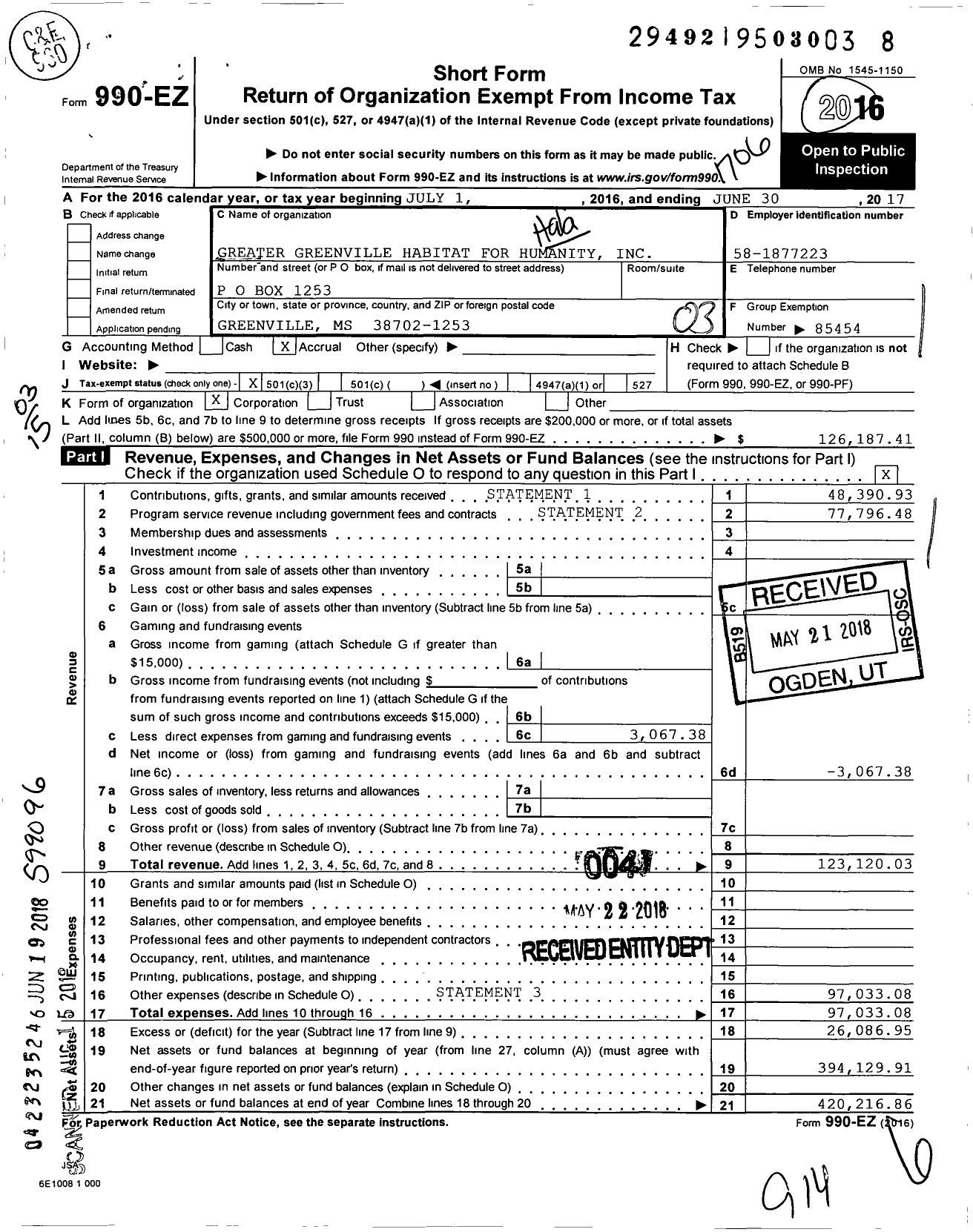 Image of first page of 2016 Form 990EZ for Habitat for Humanity - Greater Greenville Habitat for Humanity