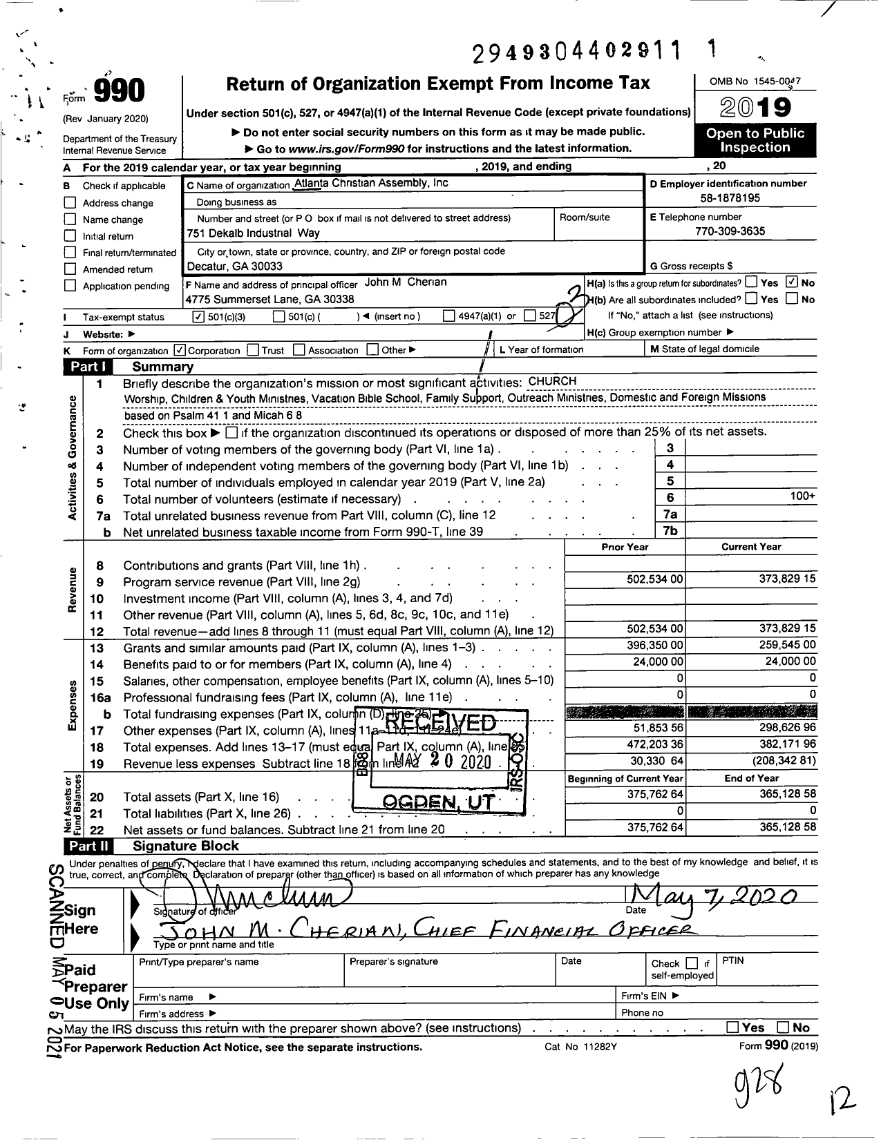 Image of first page of 2019 Form 990 for Atlanta Christian Assembly