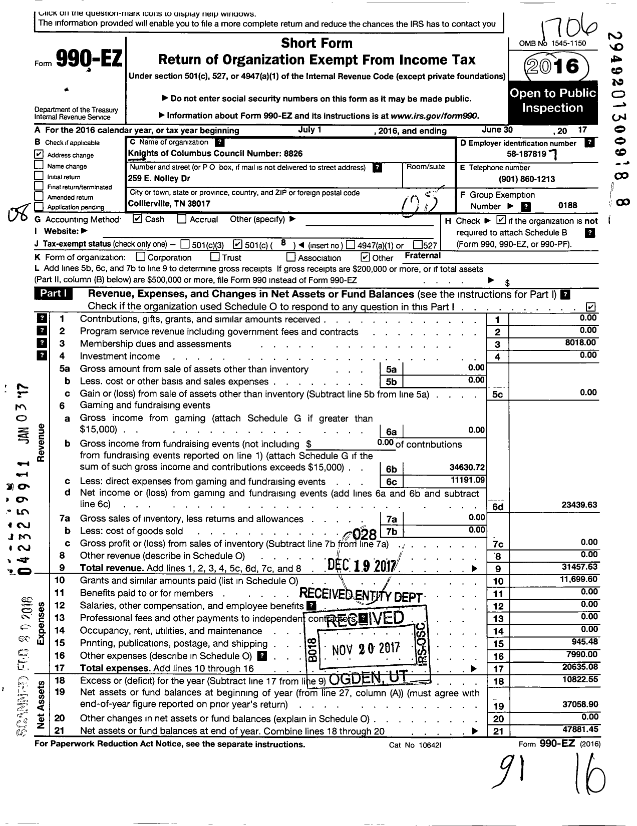 Image of first page of 2016 Form 990EO for Knights of Columbus - 8826 Incarnation Council