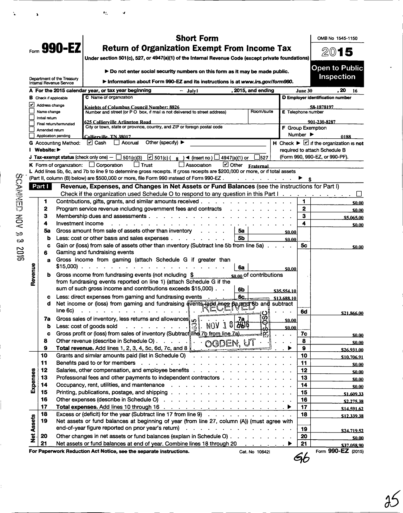 Image of first page of 2015 Form 990EO for Knights of Columbus - 8826 Incarnation Council