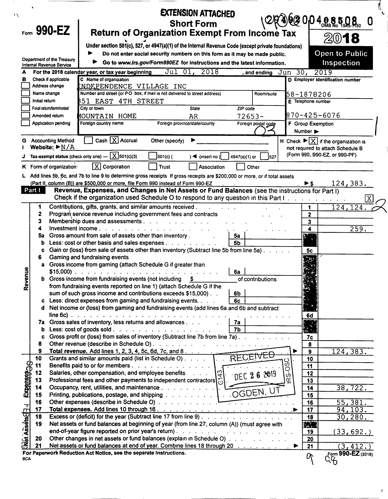 Image of first page of 2018 Form 990EZ for Independence Village