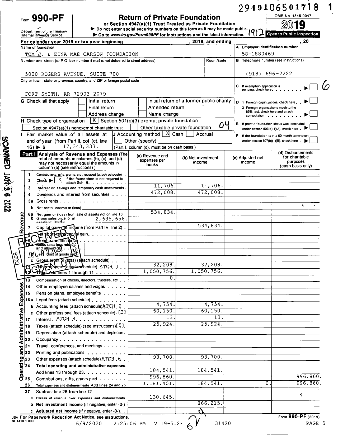 Image of first page of 2019 Form 990PF for Tom J and Edna Mae Carson Foundation