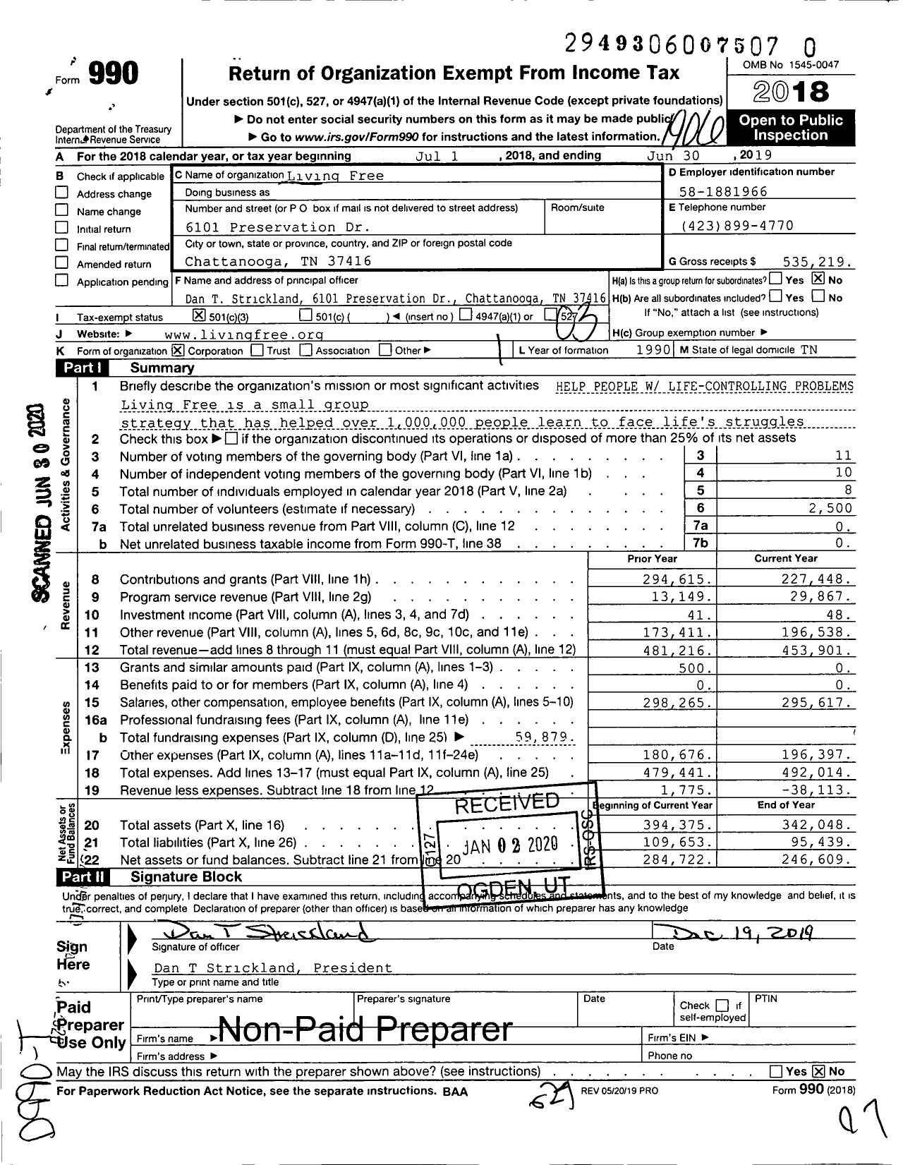 Image of first page of 2018 Form 990 for Living Free