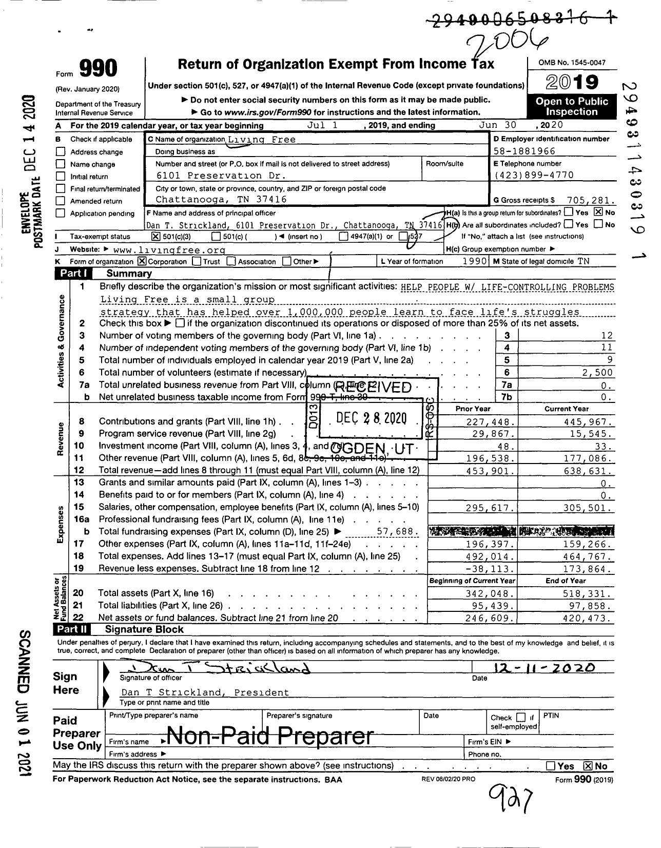 Image of first page of 2019 Form 990 for Living Free