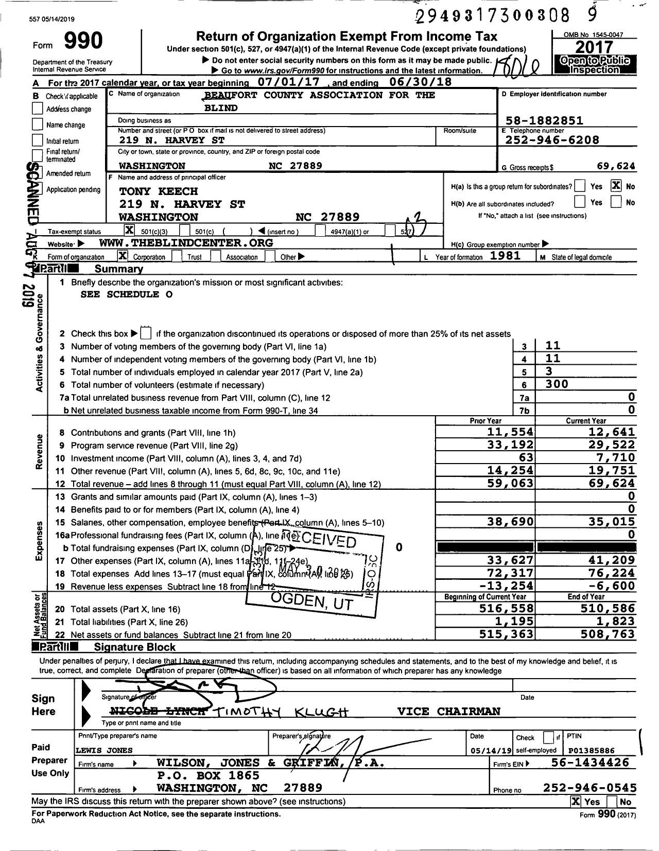 Image of first page of 2017 Form 990 for Beaufort County Association for the Blind