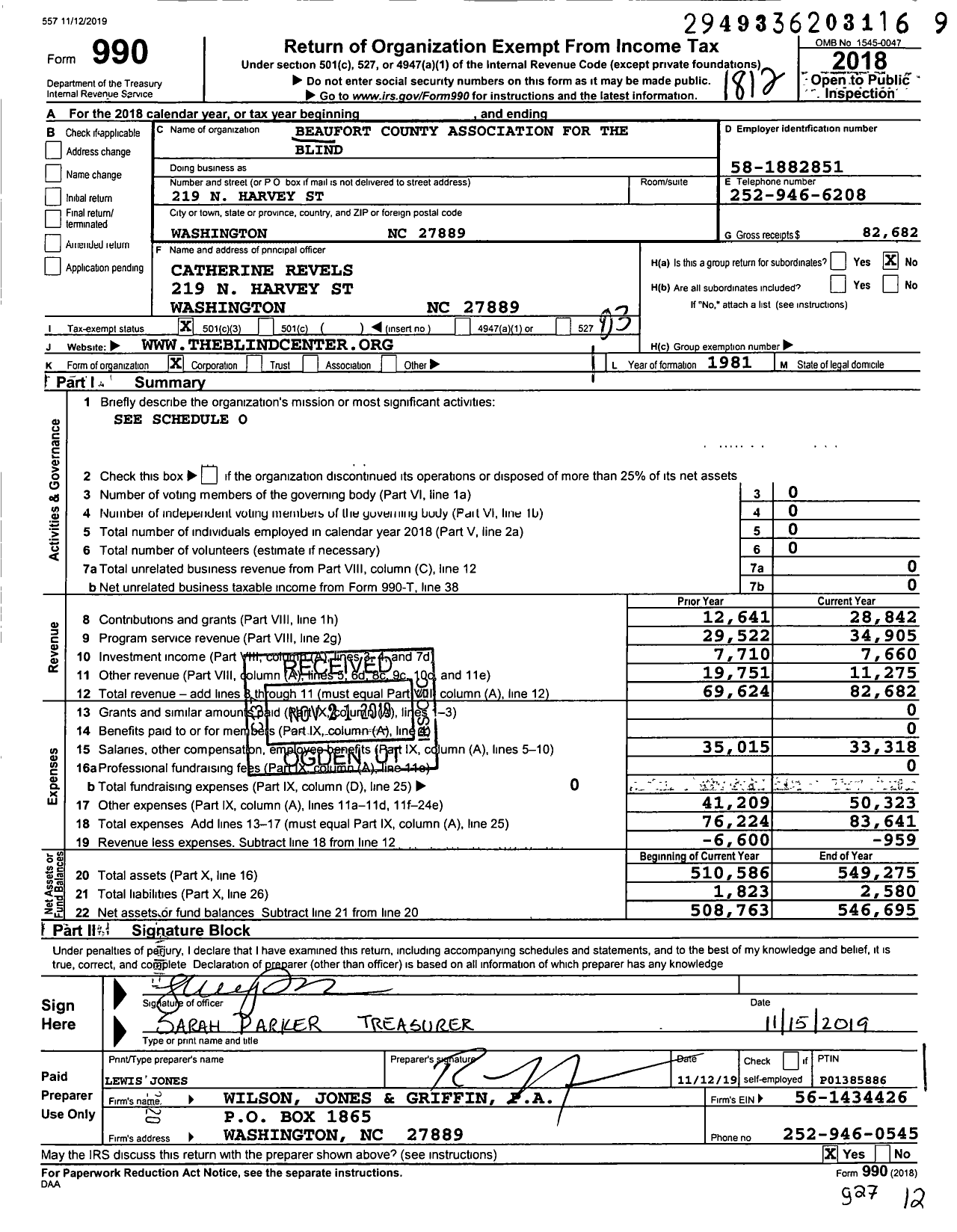 Image of first page of 2018 Form 990 for Beaufort County Association for the Blind