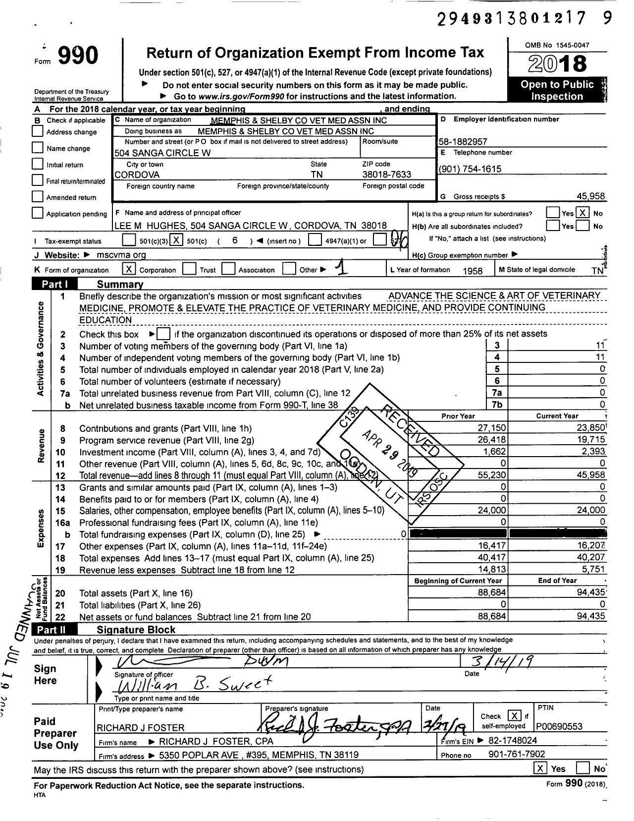 Image of first page of 2018 Form 990O for Memphis and Shelby Vet Med Association