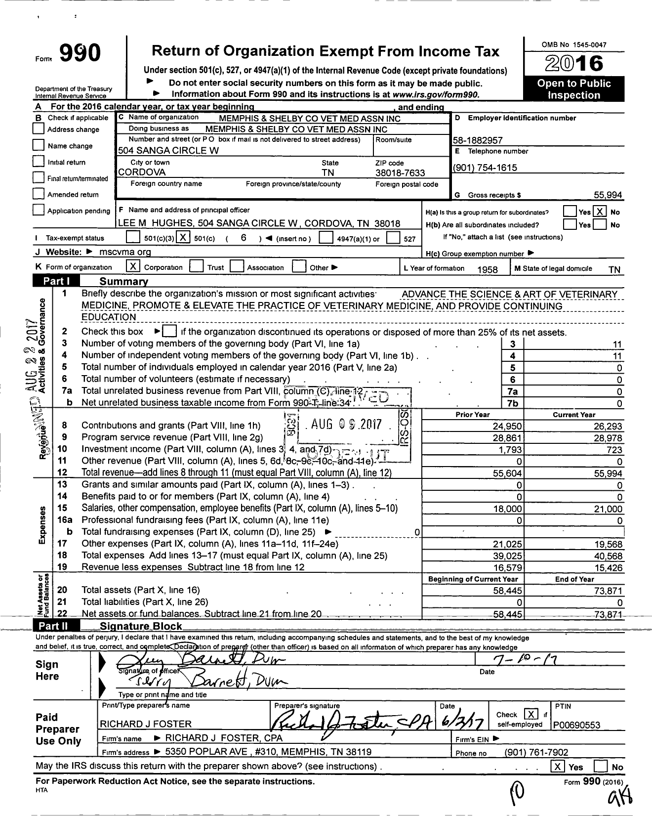 Image of first page of 2016 Form 990O for Memphis and Shelby Vet Med Association