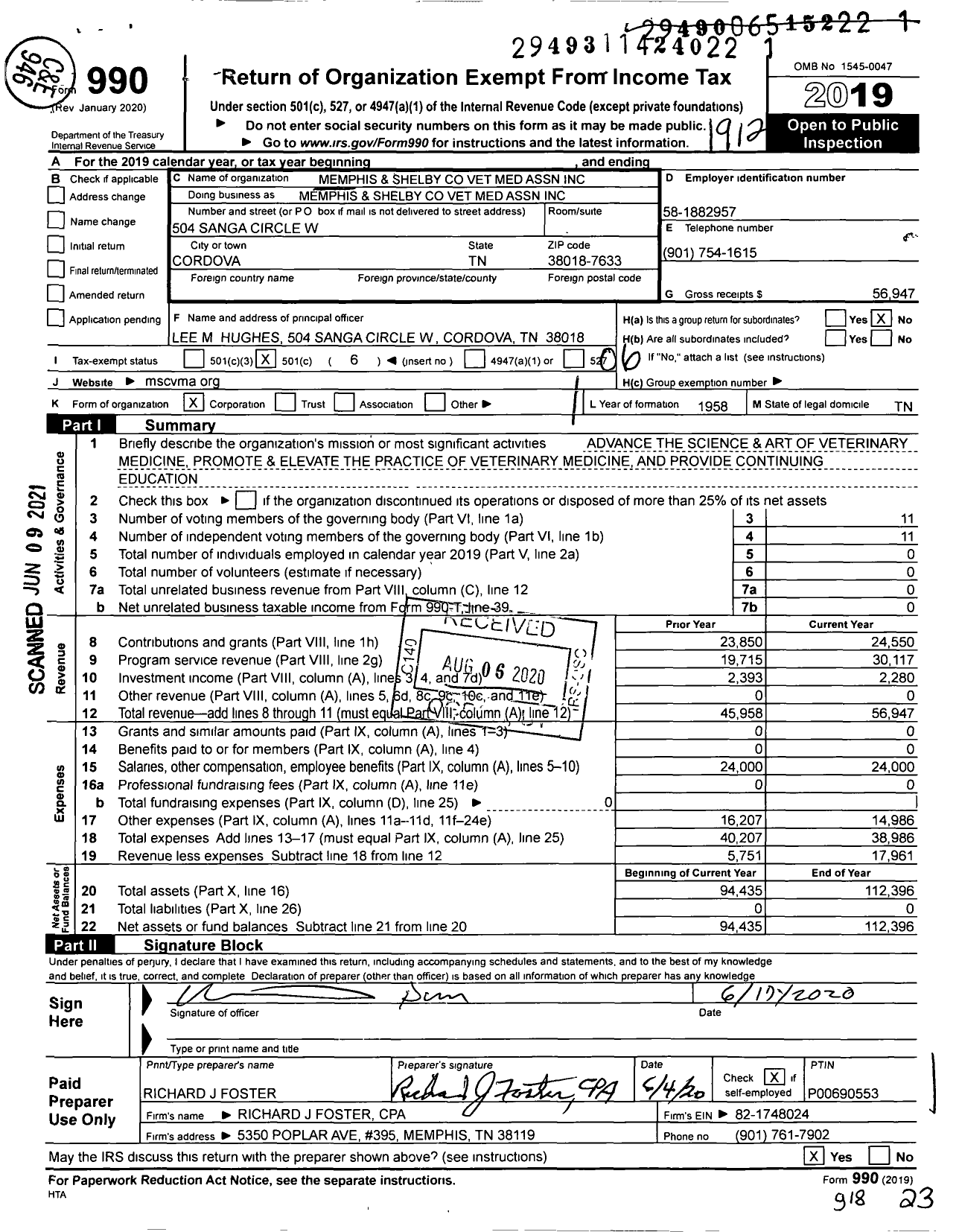 Image of first page of 2019 Form 990O for Memphis and Shelby Vet Med Association