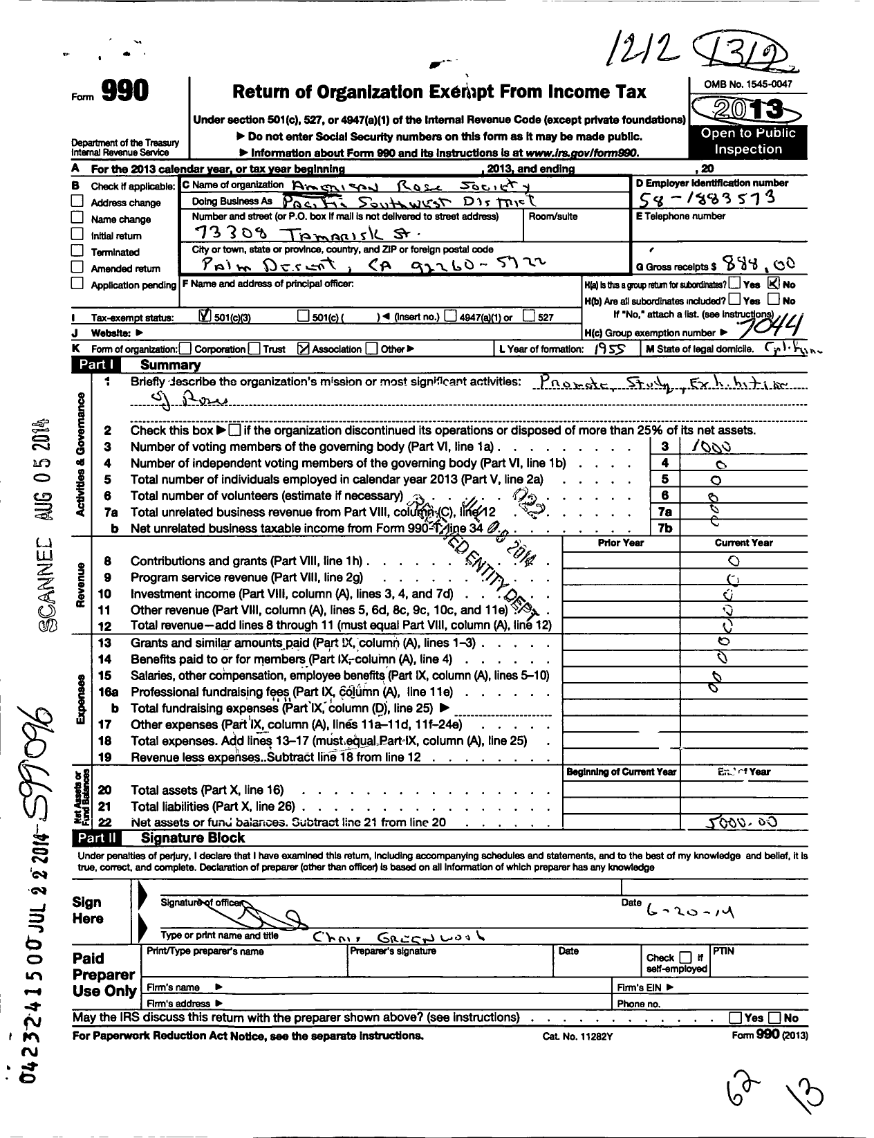 Image of first page of 2012 Form 990 for American Rose Society / Pacific Southwest District