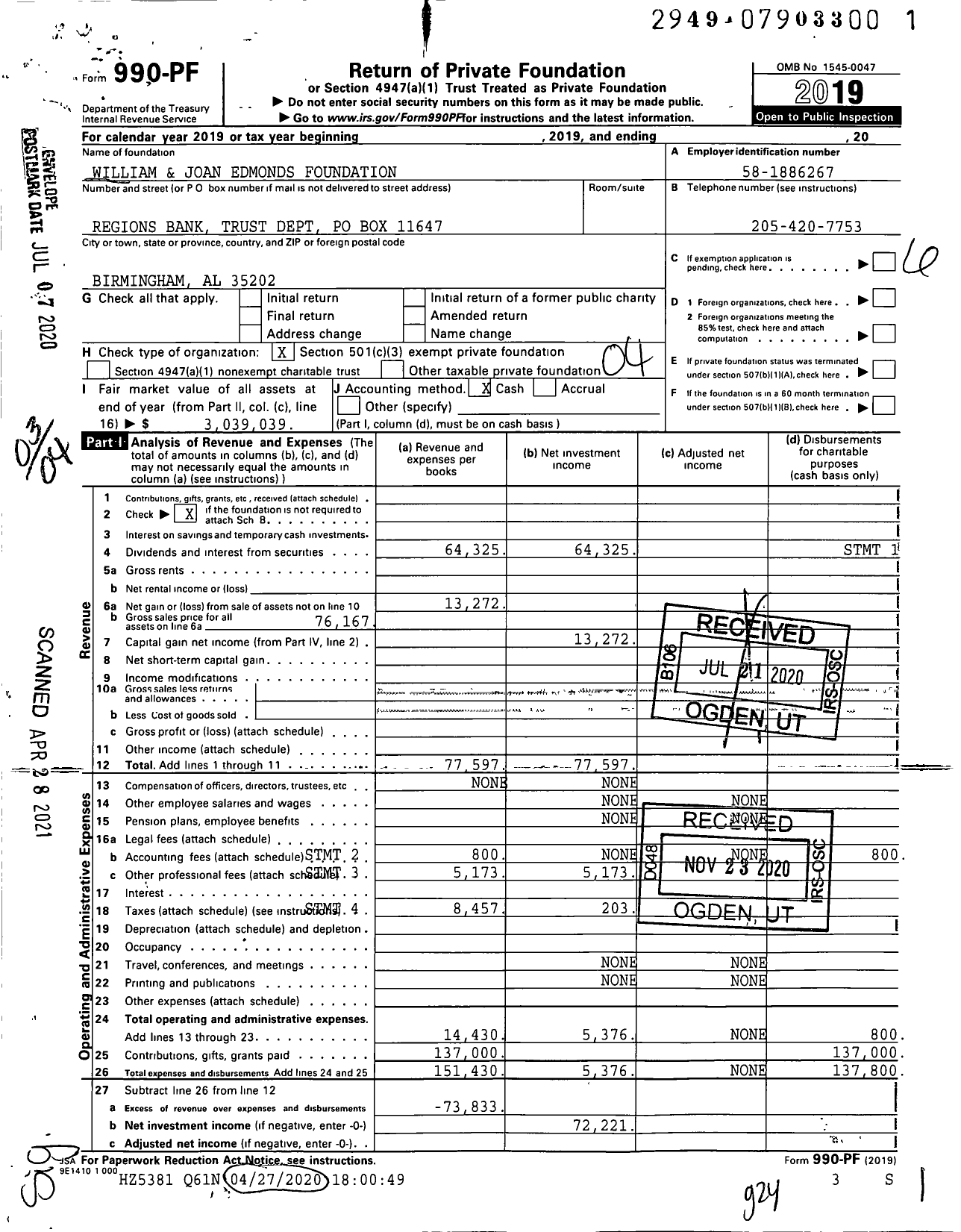 Image of first page of 2019 Form 990PF for William and Joan Edmonds Foundation