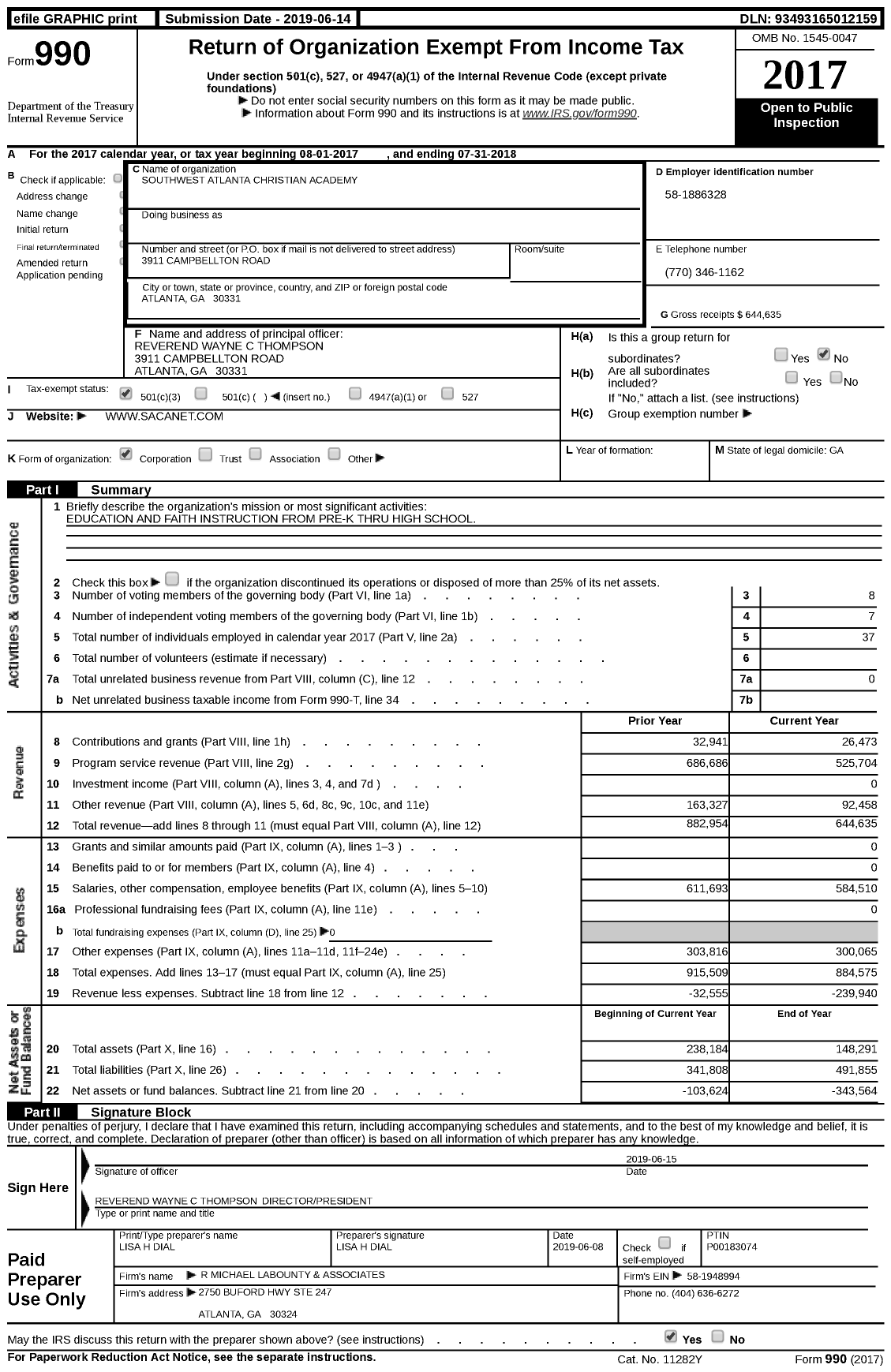 Image of first page of 2017 Form 990 for Southwest Atlanta Christian Academy