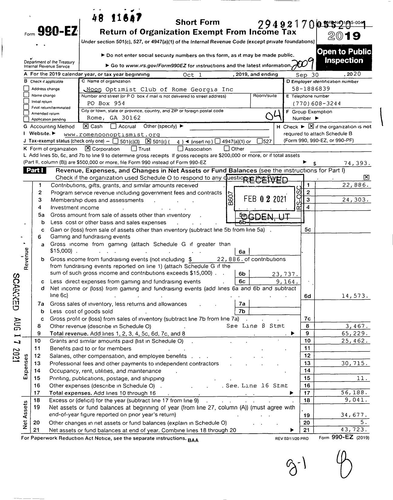 Image of first page of 2019 Form 990EO for Optimist International - 21250 Noon Optimist Club of Rome Ga