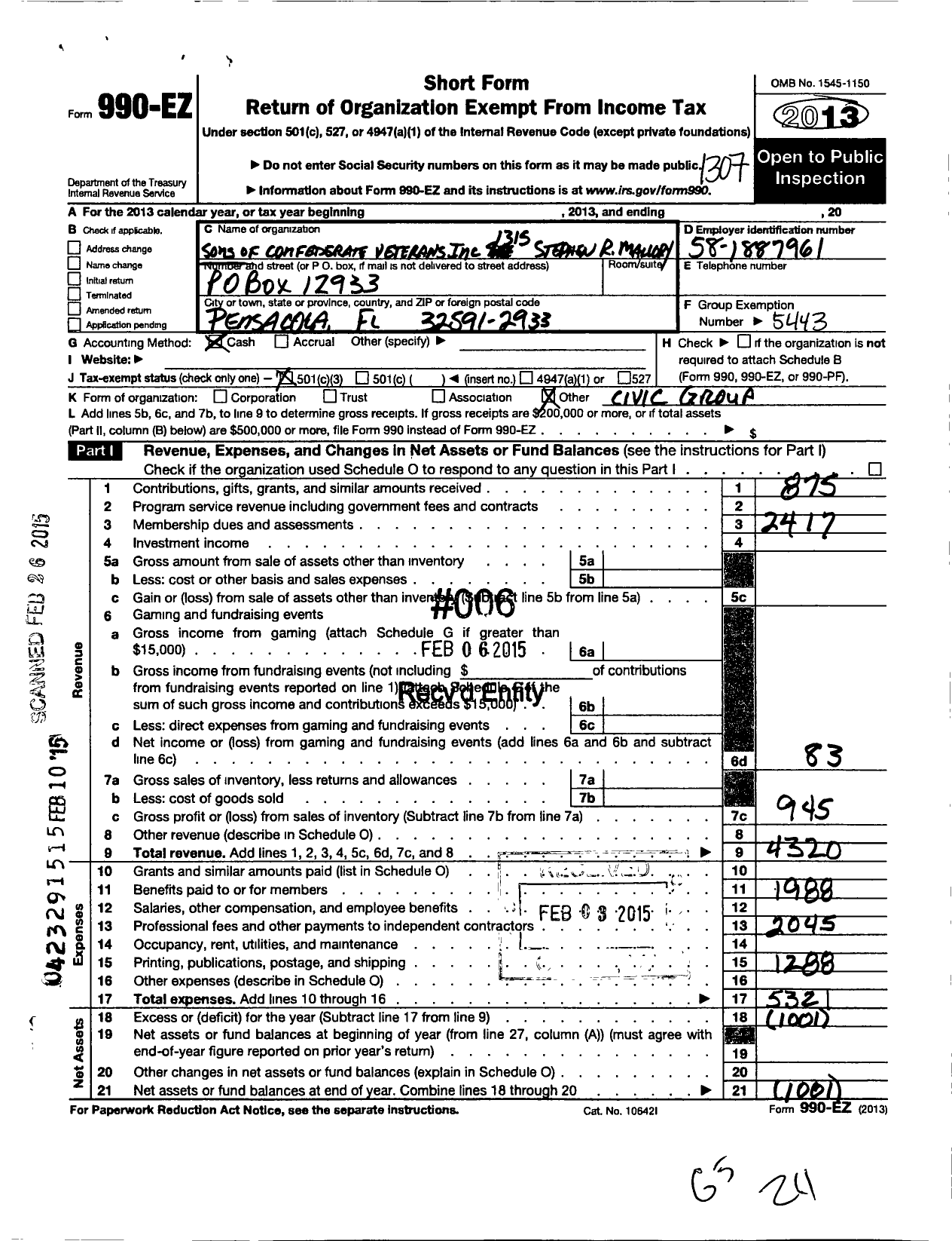 Image of first page of 2012 Form 990EZ for Sons of Confederate Veterans - 1315 Stephen Russell Mallory