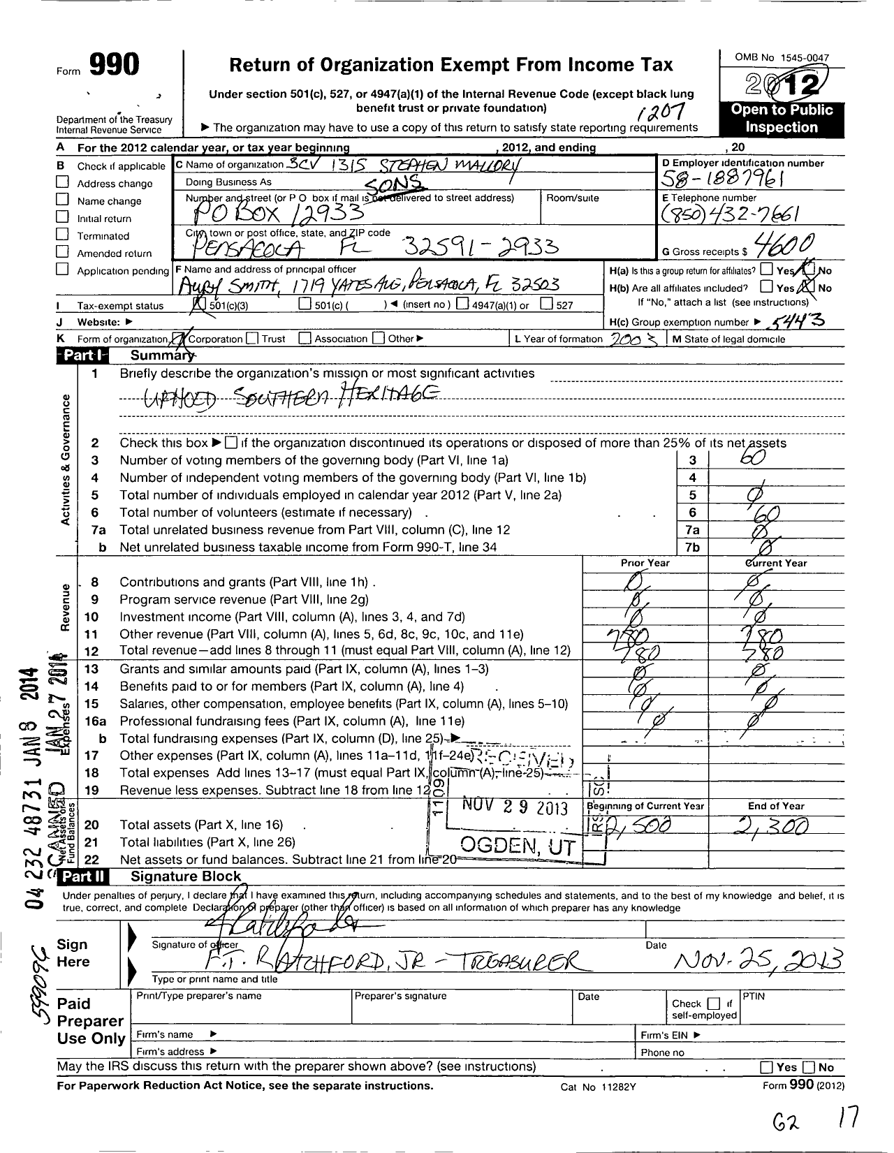 Image of first page of 2011 Form 990 for Sons of Confederate Veterans - 1315 Stephen Russell Mallory