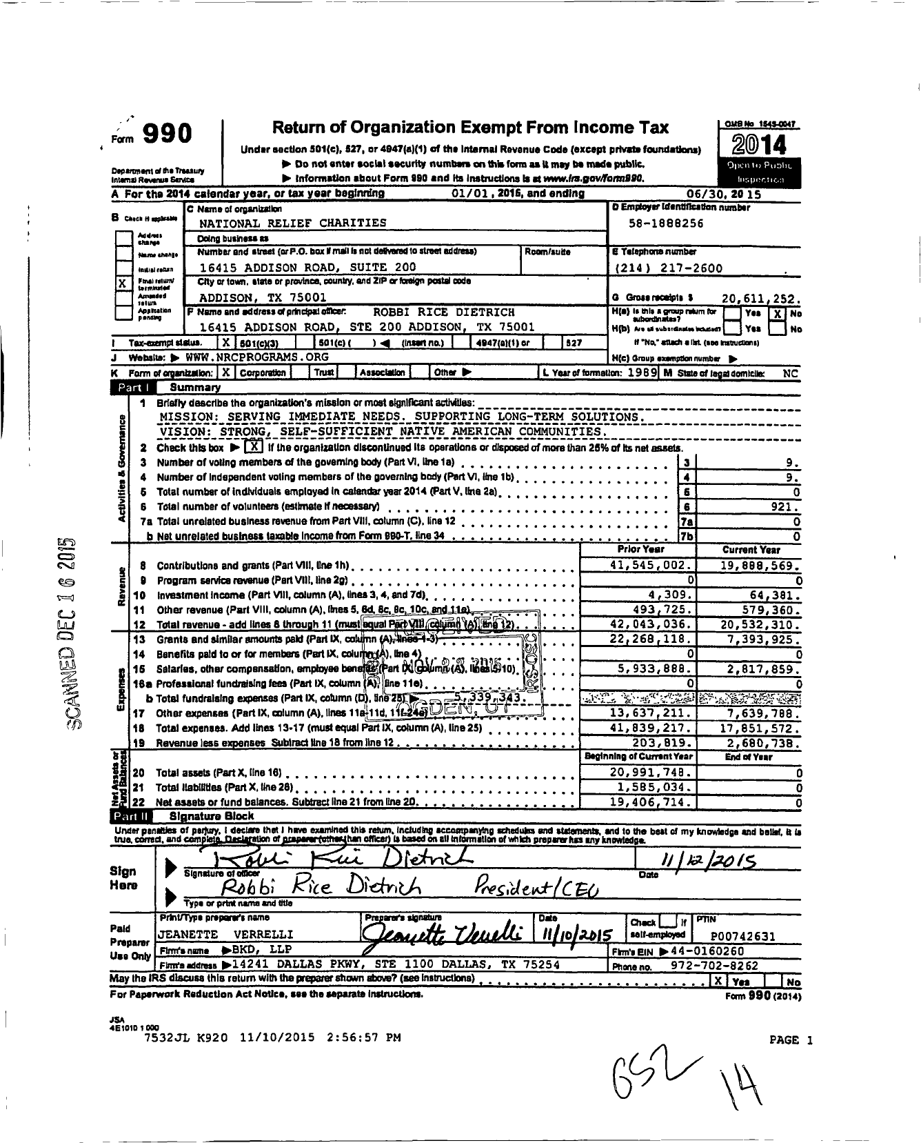 Image of first page of 2014 Form 990 for National Relief Charities (NRC)