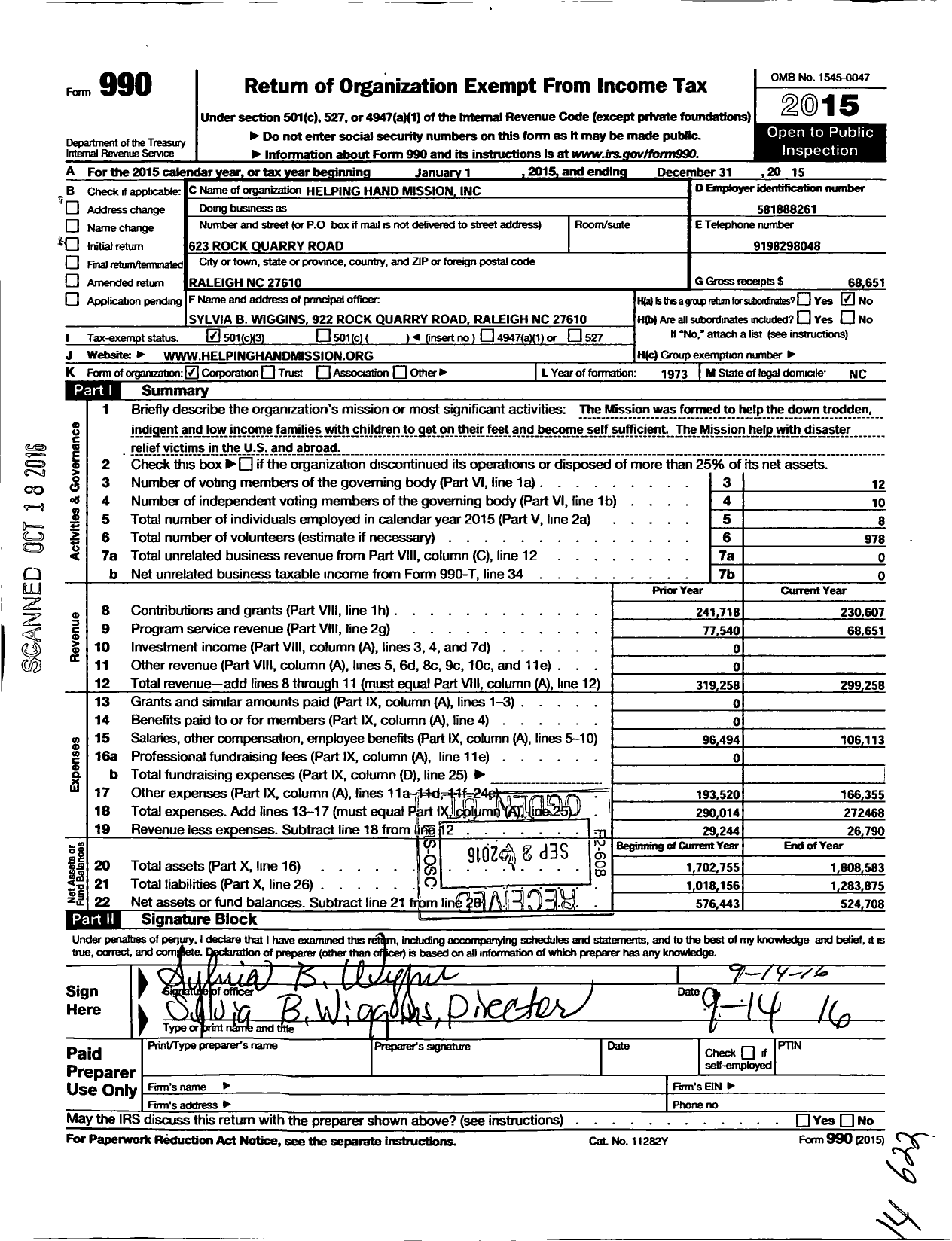 Image of first page of 2015 Form 990 for Helping Hand Mission