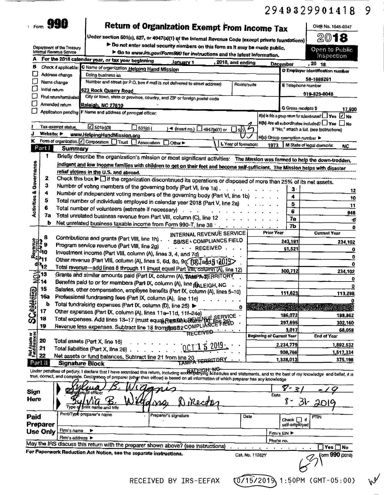 Image of first page of 2018 Form 990 for Helping Hand Mission