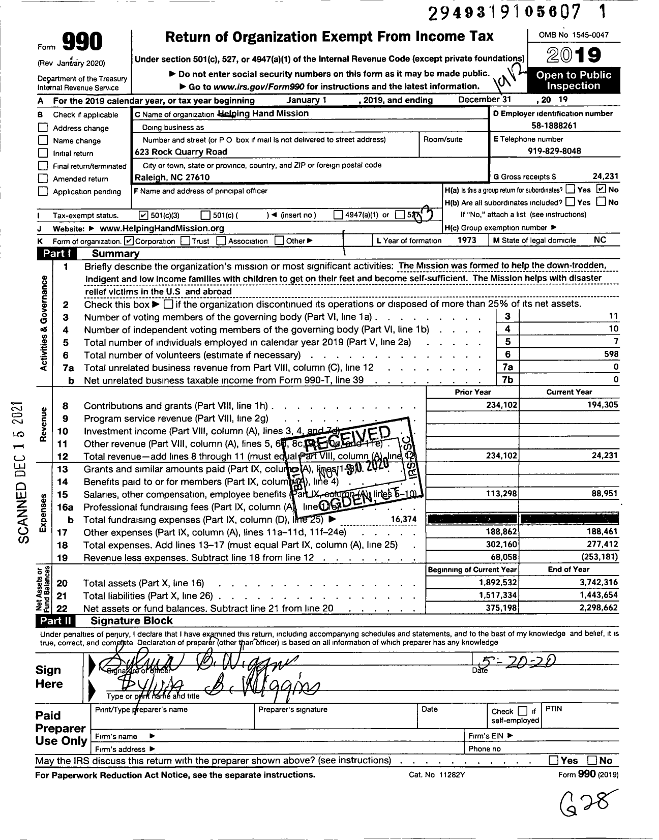 Image of first page of 2019 Form 990 for Helping Hand Mission