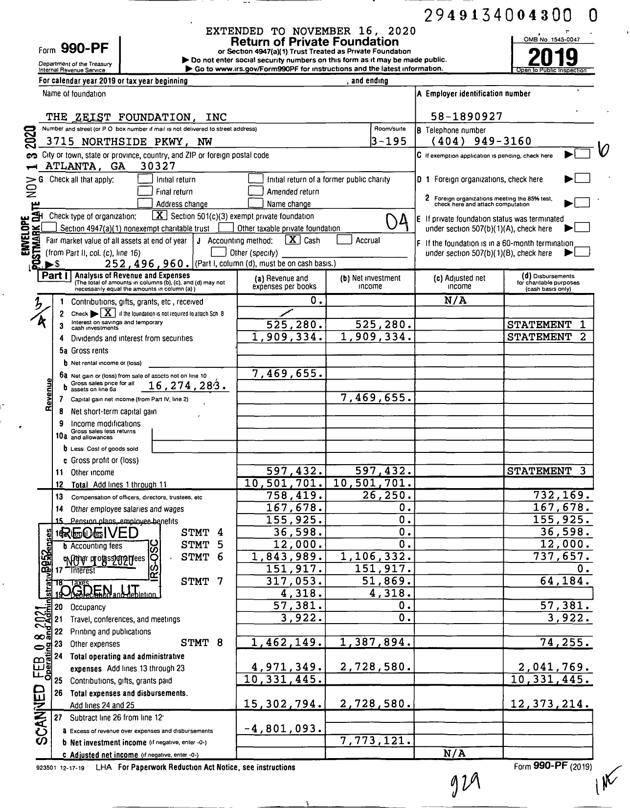 Image of first page of 2019 Form 990PF for Zeist Foundation (ZF)