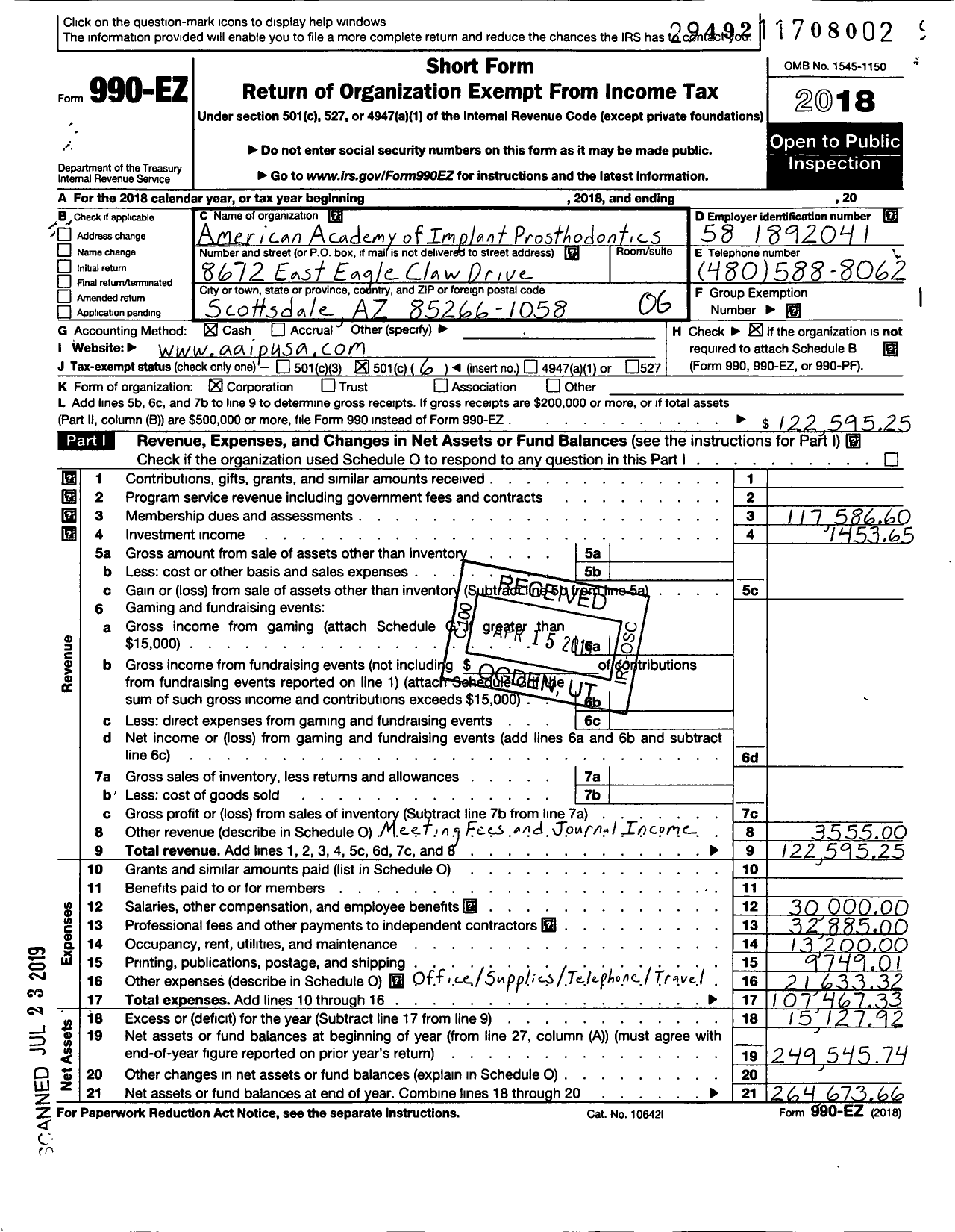 Image of first page of 2018 Form 990EO for American Academy of Implant Prosthodontics