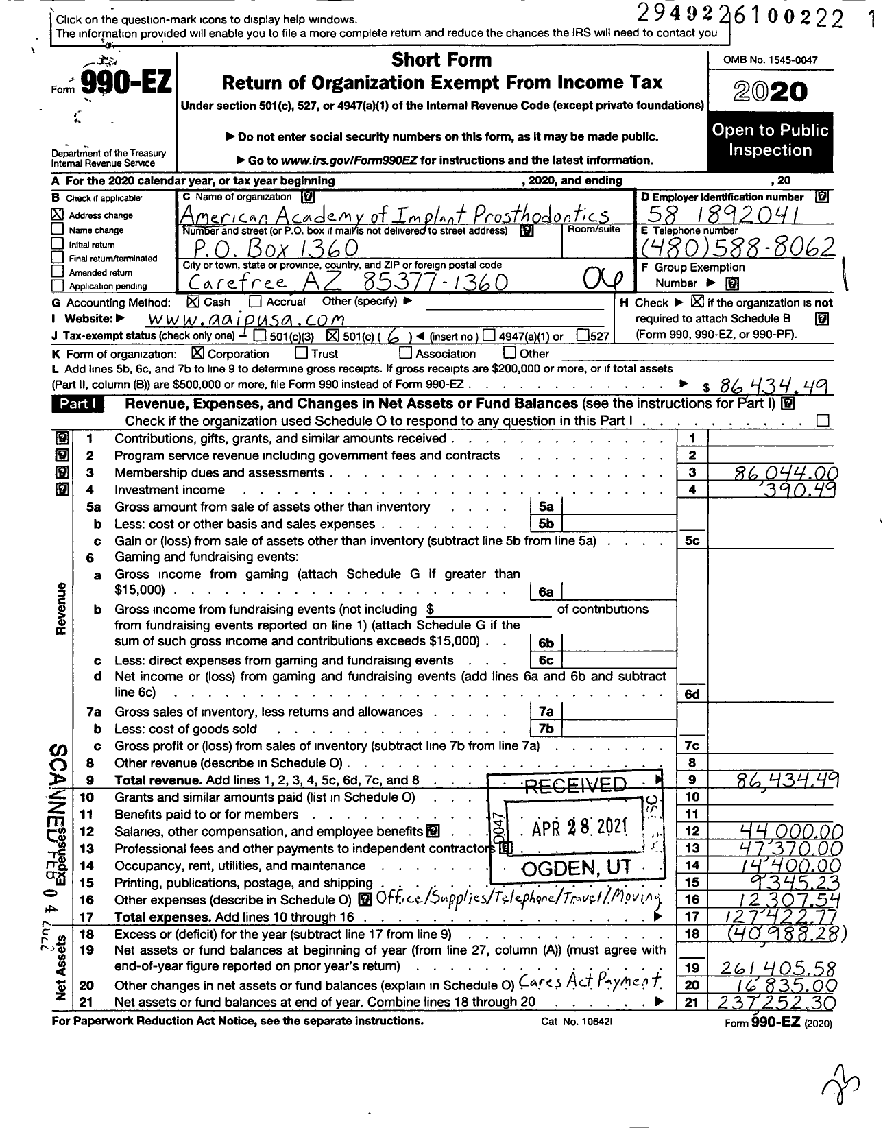 Image of first page of 2020 Form 990EO for American Academy of Implant Prosthodontics