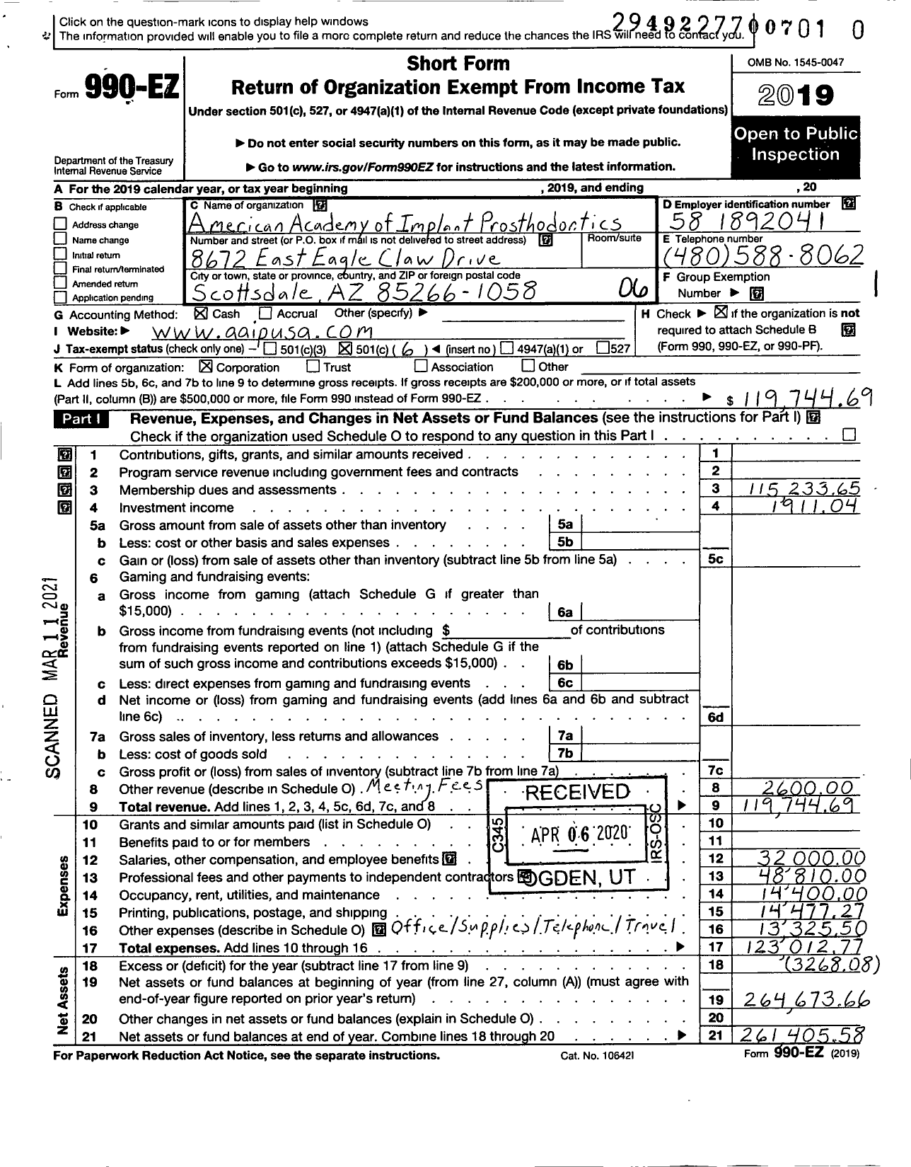 Image of first page of 2019 Form 990EO for American Academy of Implant Prosthodontics