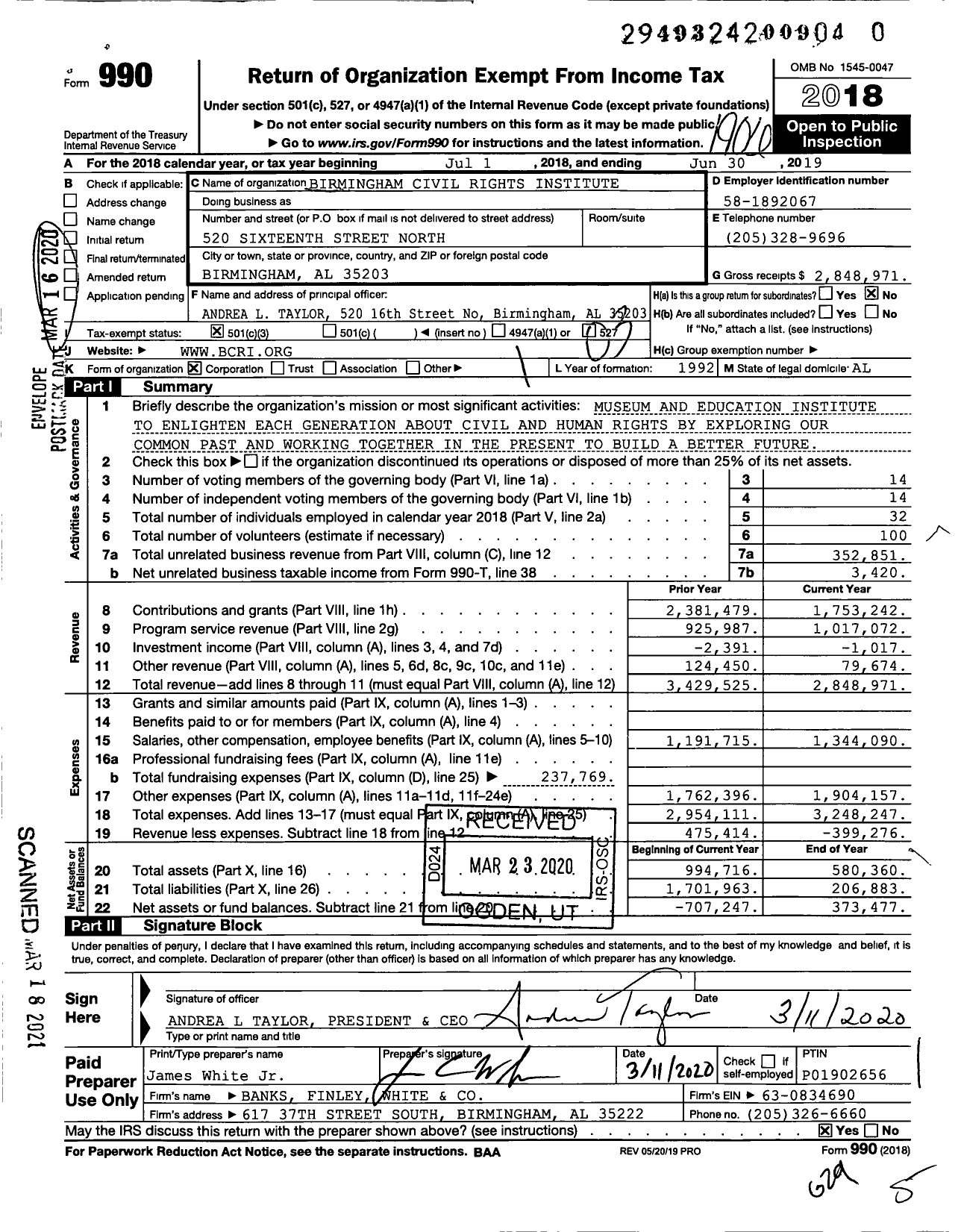 Image of first page of 2018 Form 990 for Birmingham Civil Rights Institute