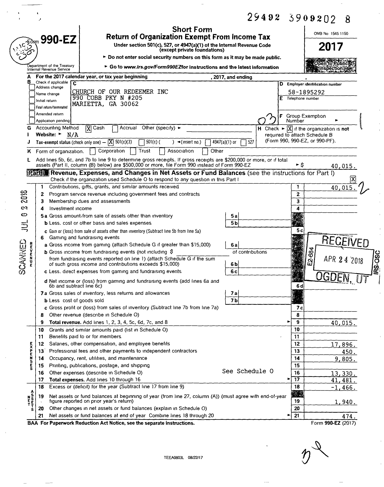 Image of first page of 2017 Form 990EZ for Church Of Our Redeemer