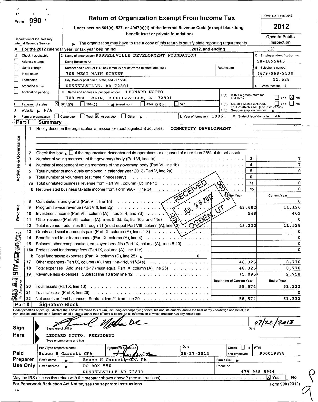 Image of first page of 2012 Form 990 for Russellville Development Foundation