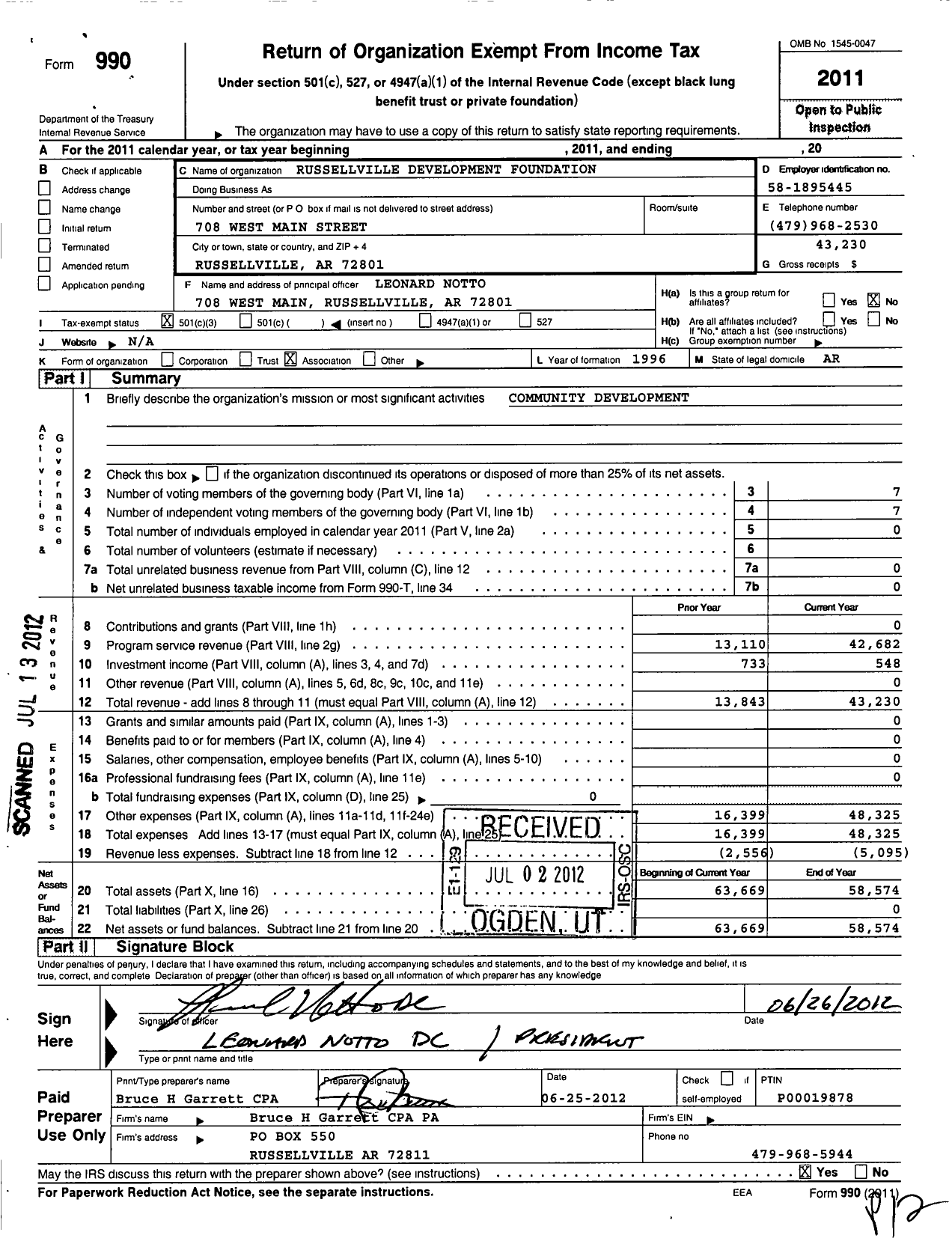 Image of first page of 2011 Form 990 for Russellville Development Foundation