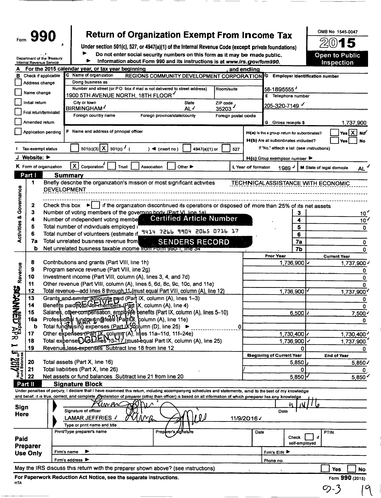 Image of first page of 2015 Form 990O for Regions Community Development Corporation