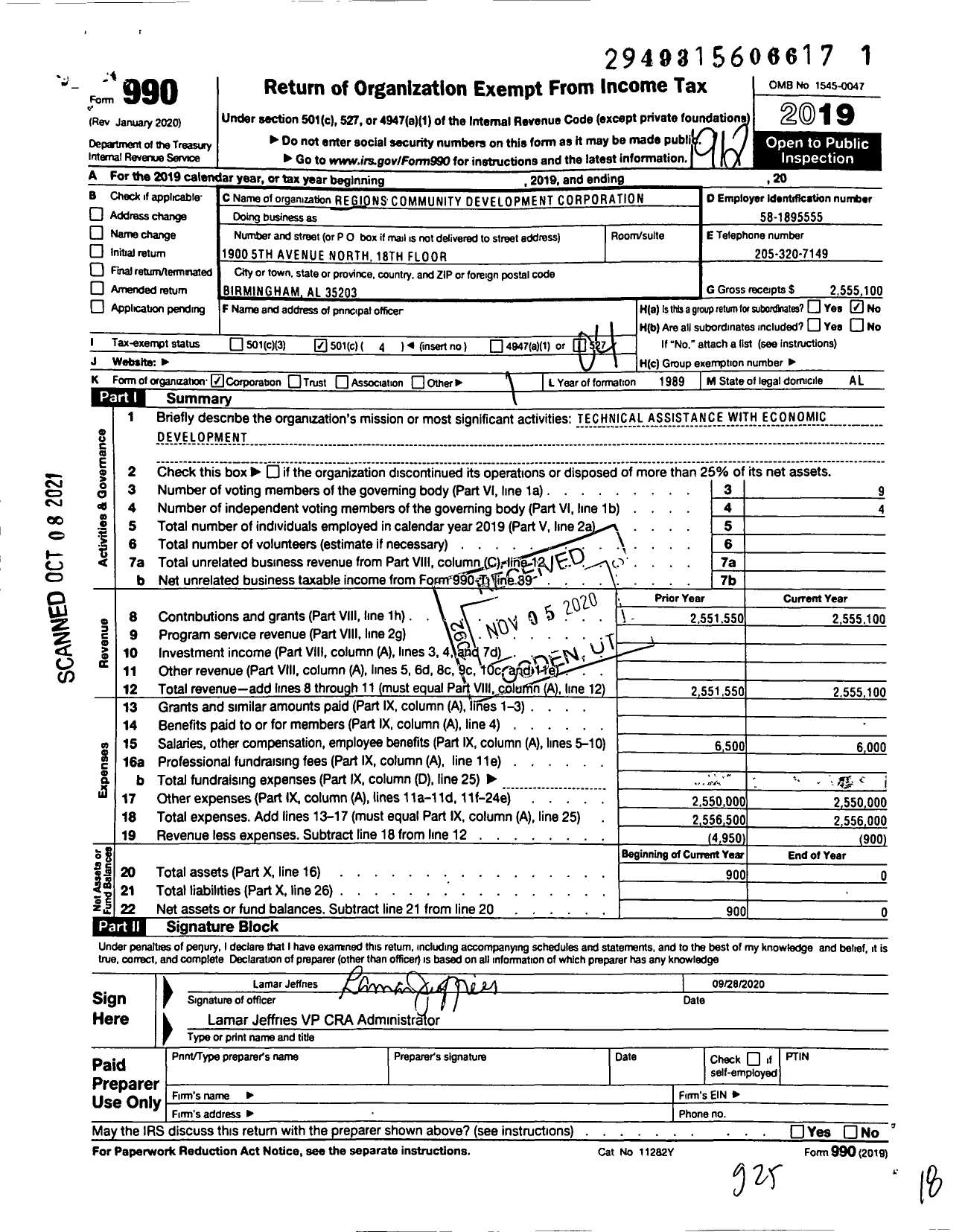 Image of first page of 2019 Form 990O for Regions Community Development Corporation