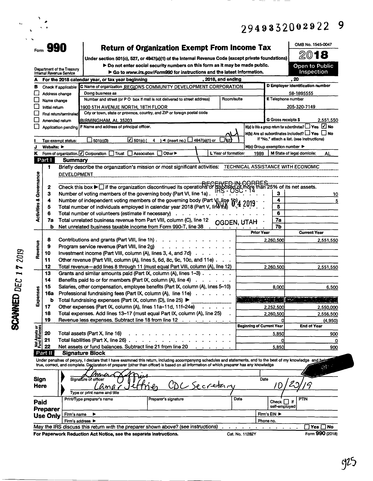 Image of first page of 2018 Form 990O for Regions Community Development Corporation