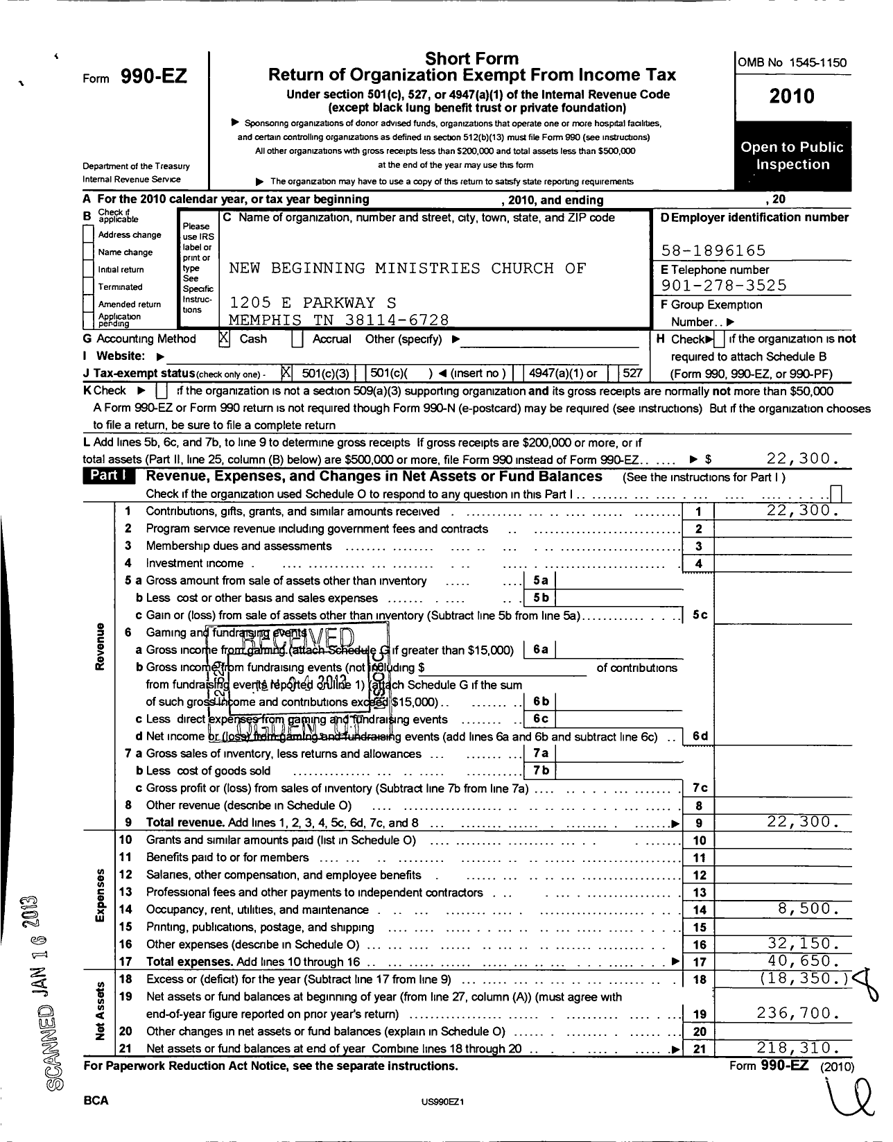 Image of first page of 2010 Form 990EZ for New Beginning Ministries Church of