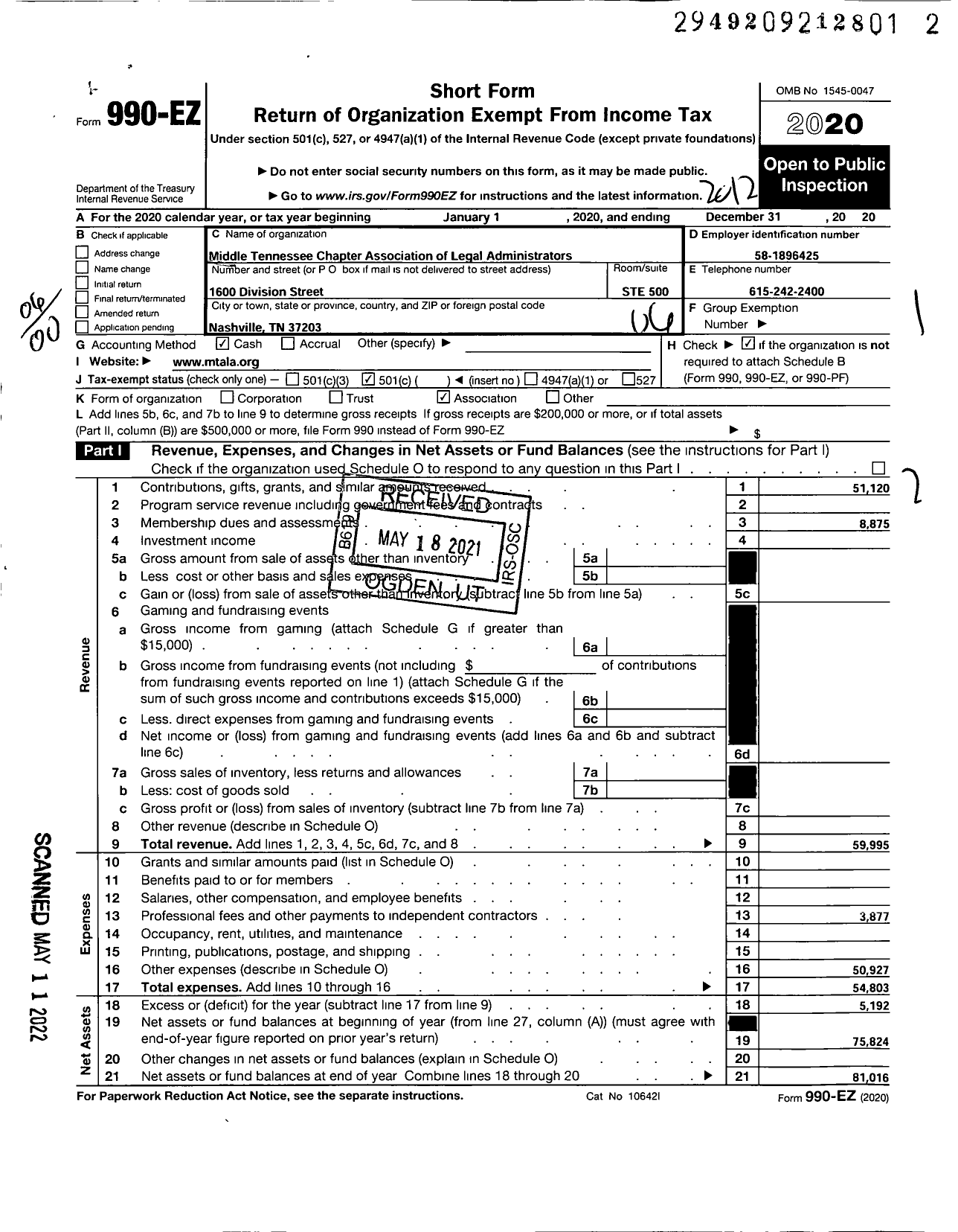 Image of first page of 2020 Form 990EO for Middle Tennessee Chapter Association of Legal Administrators
