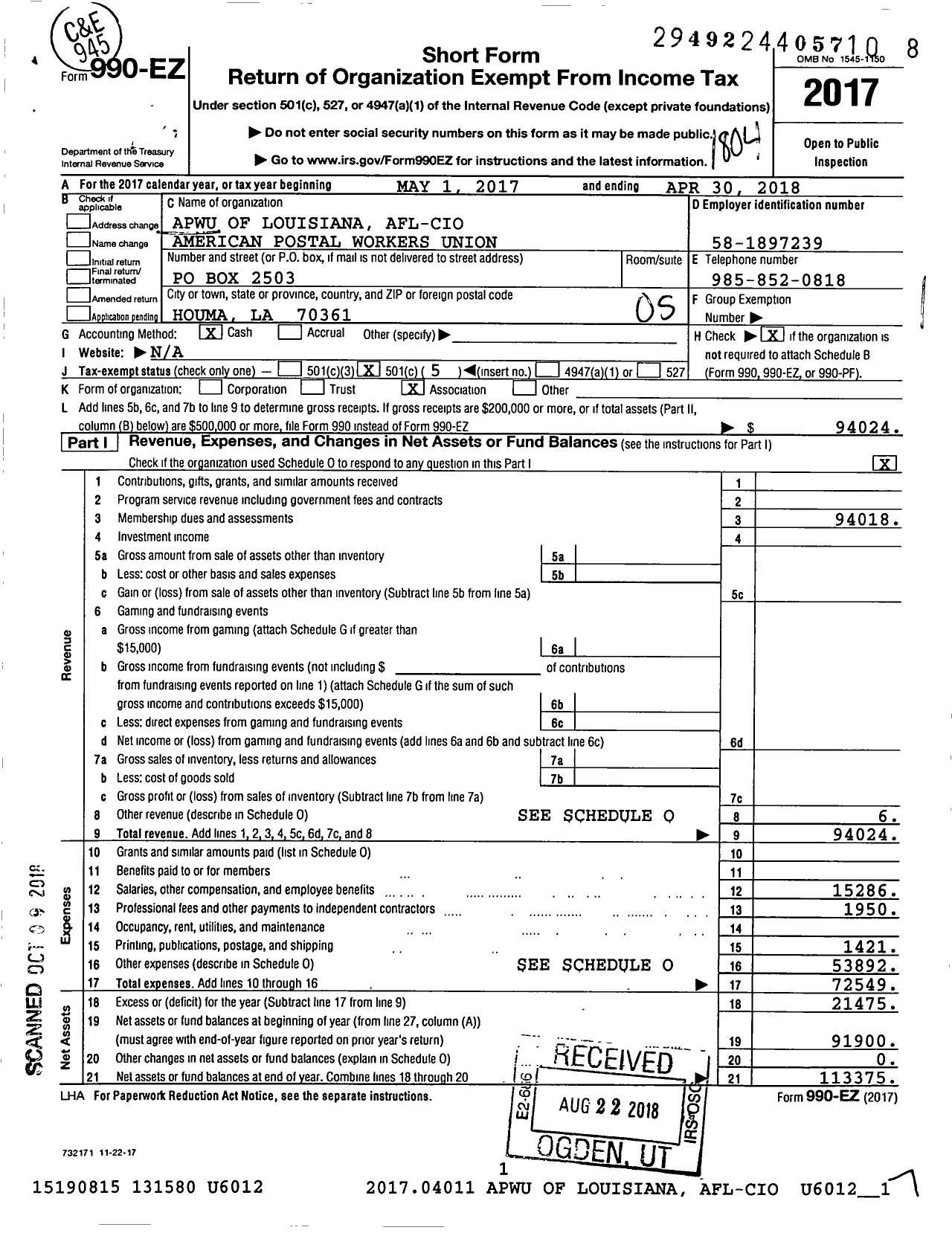 Image of first page of 2017 Form 990EO for American Postal Workers Union - American Postal Workers Union