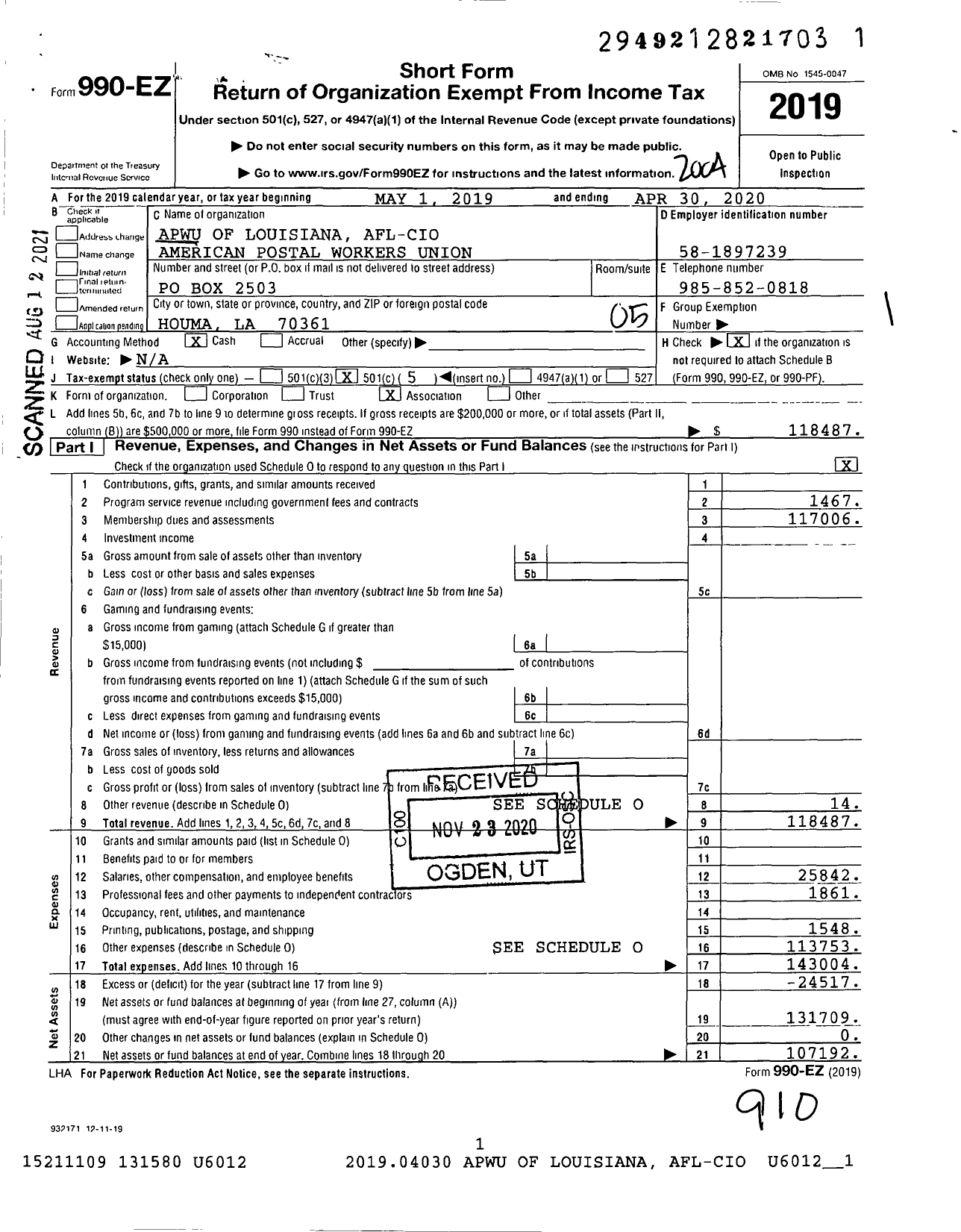 Image of first page of 2019 Form 990EO for American Postal Workers Union - American Postal Workers Union