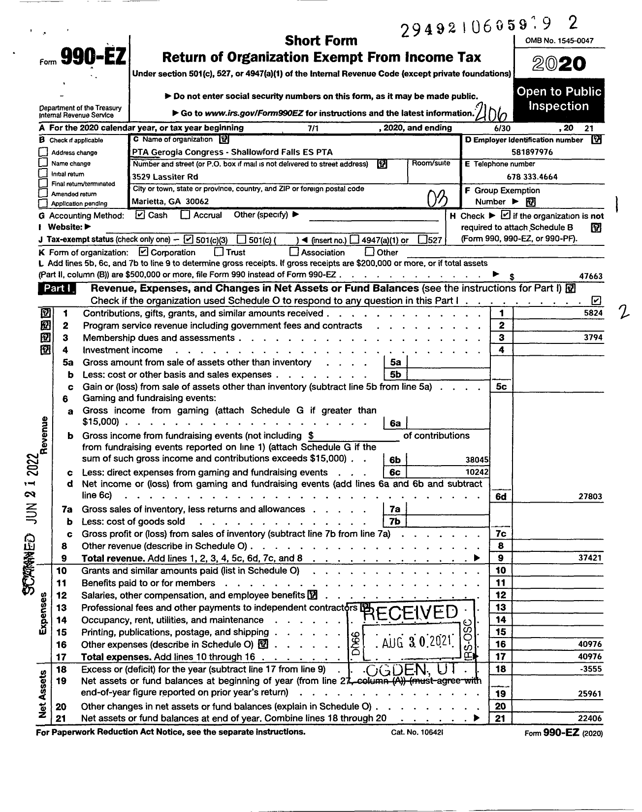 Image of first page of 2020 Form 990EZ for GEORGIA PTA - Shallowford Falls ES PTA