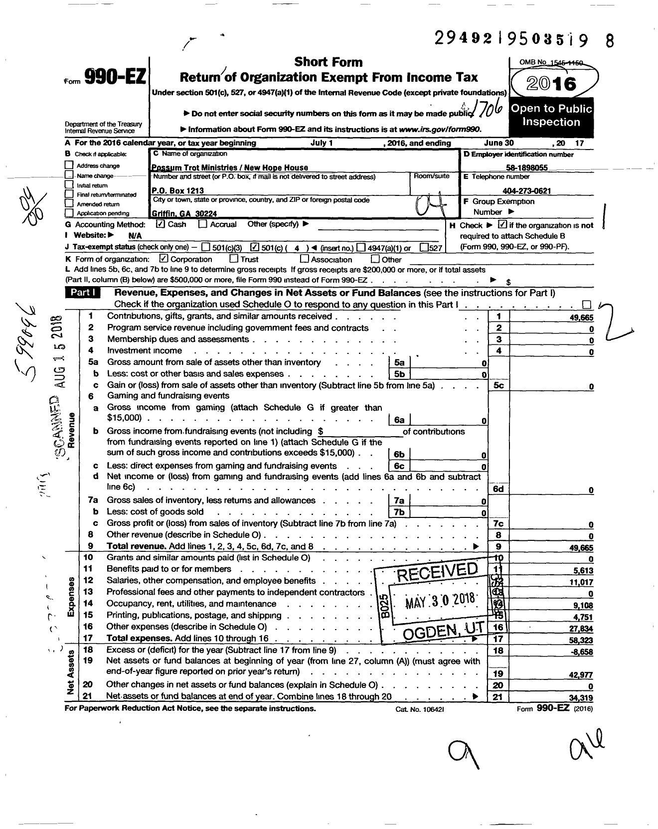 Image of first page of 2016 Form 990EO for Possum Trot Ministries