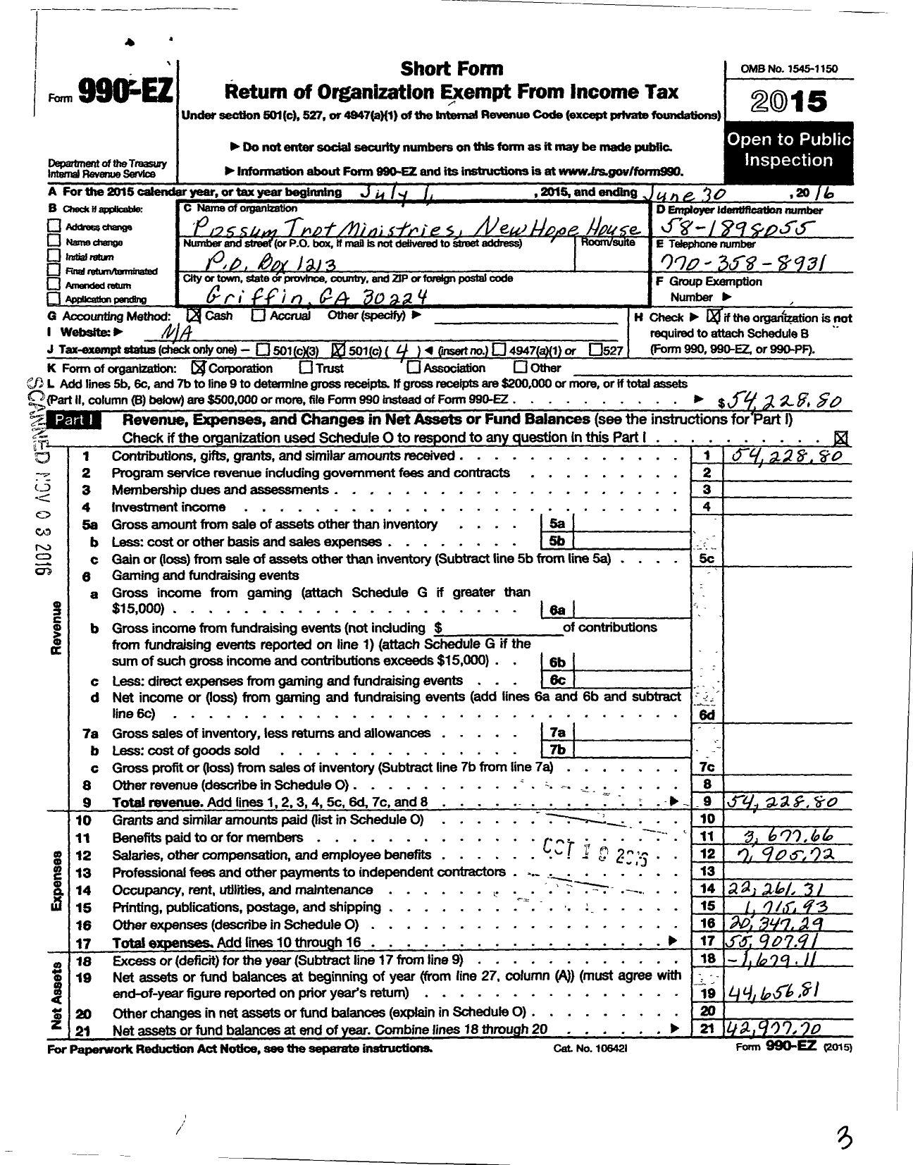 Image of first page of 2015 Form 990EO for Possum Trot Ministries