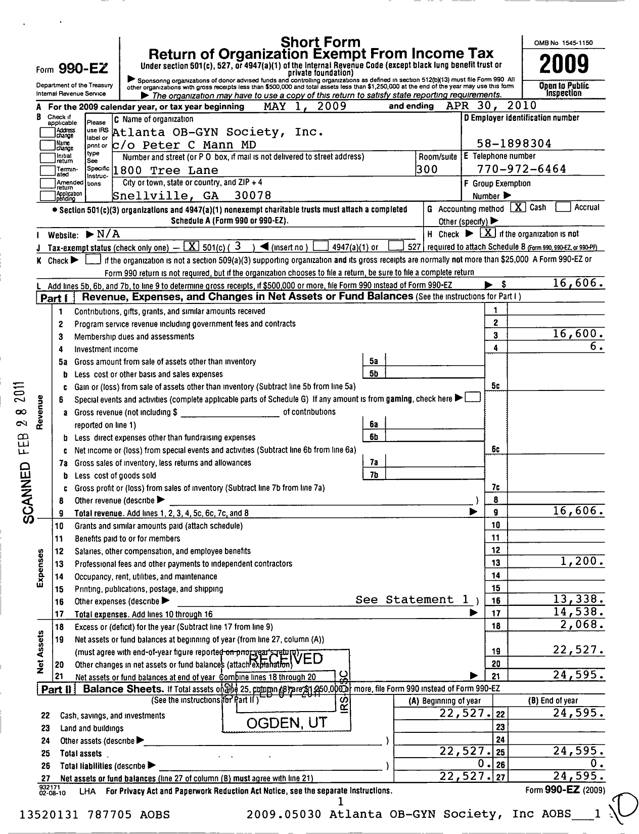 Image of first page of 2009 Form 990EZ for Atlanta Obstetrical and Gynecological Society