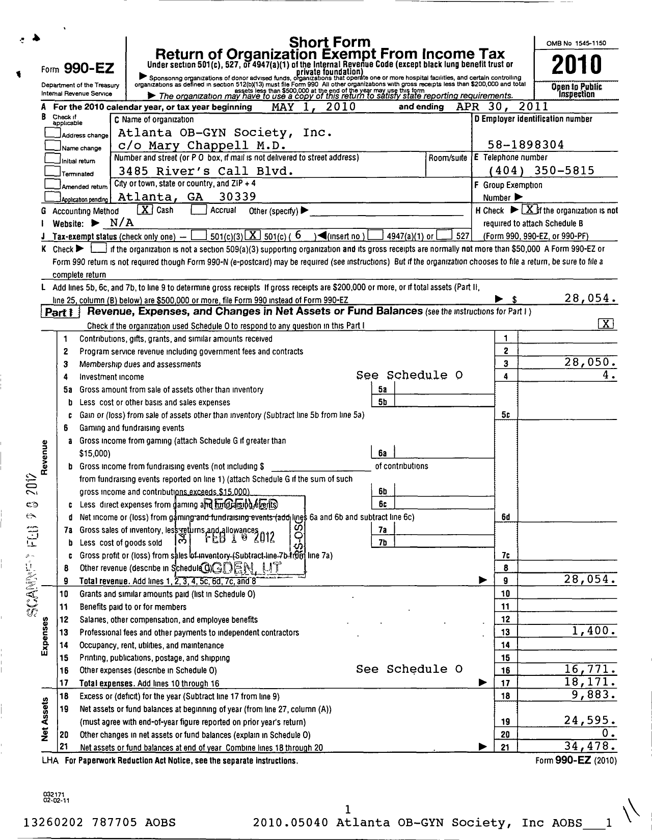 Image of first page of 2010 Form 990EO for Atlanta Obstetrical and Gynecological Society