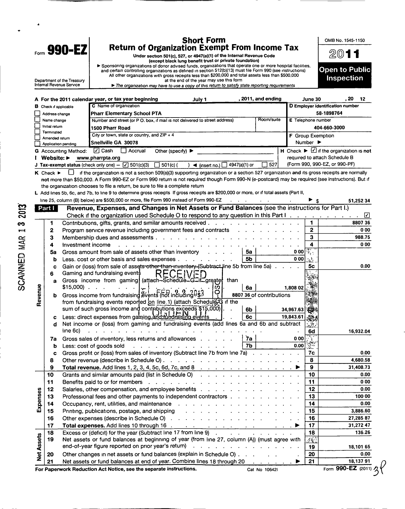 Image of first page of 2011 Form 990EZ for Georgia PTA - Pharr Es PTA