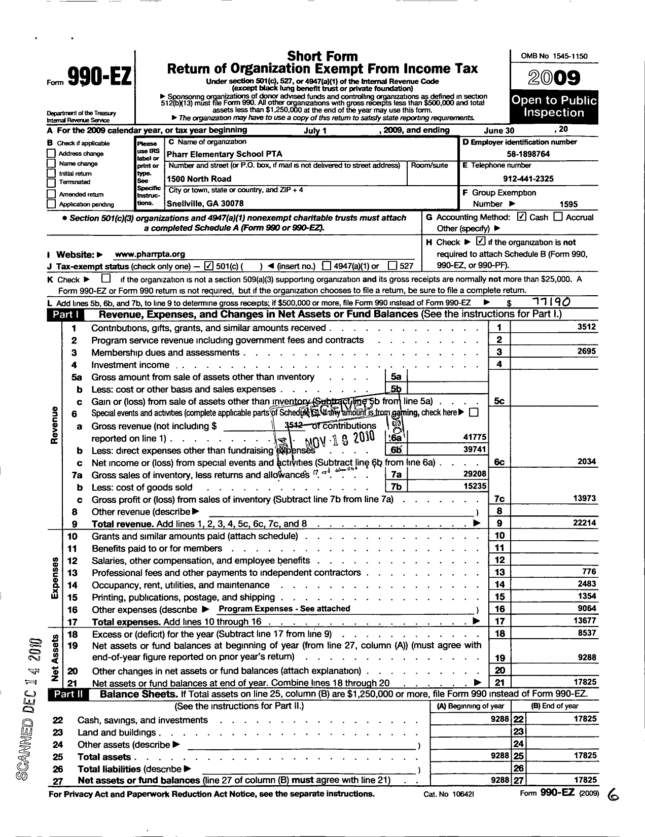 Image of first page of 2009 Form 990EO for Georgia PTA - Pharr Es PTA