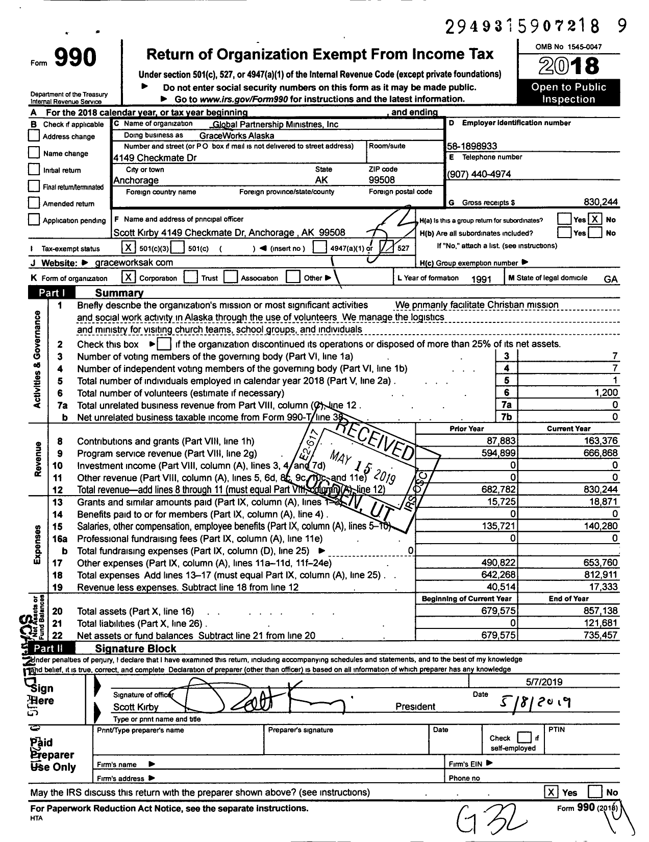 Image of first page of 2018 Form 990 for GraceWorks Alaska