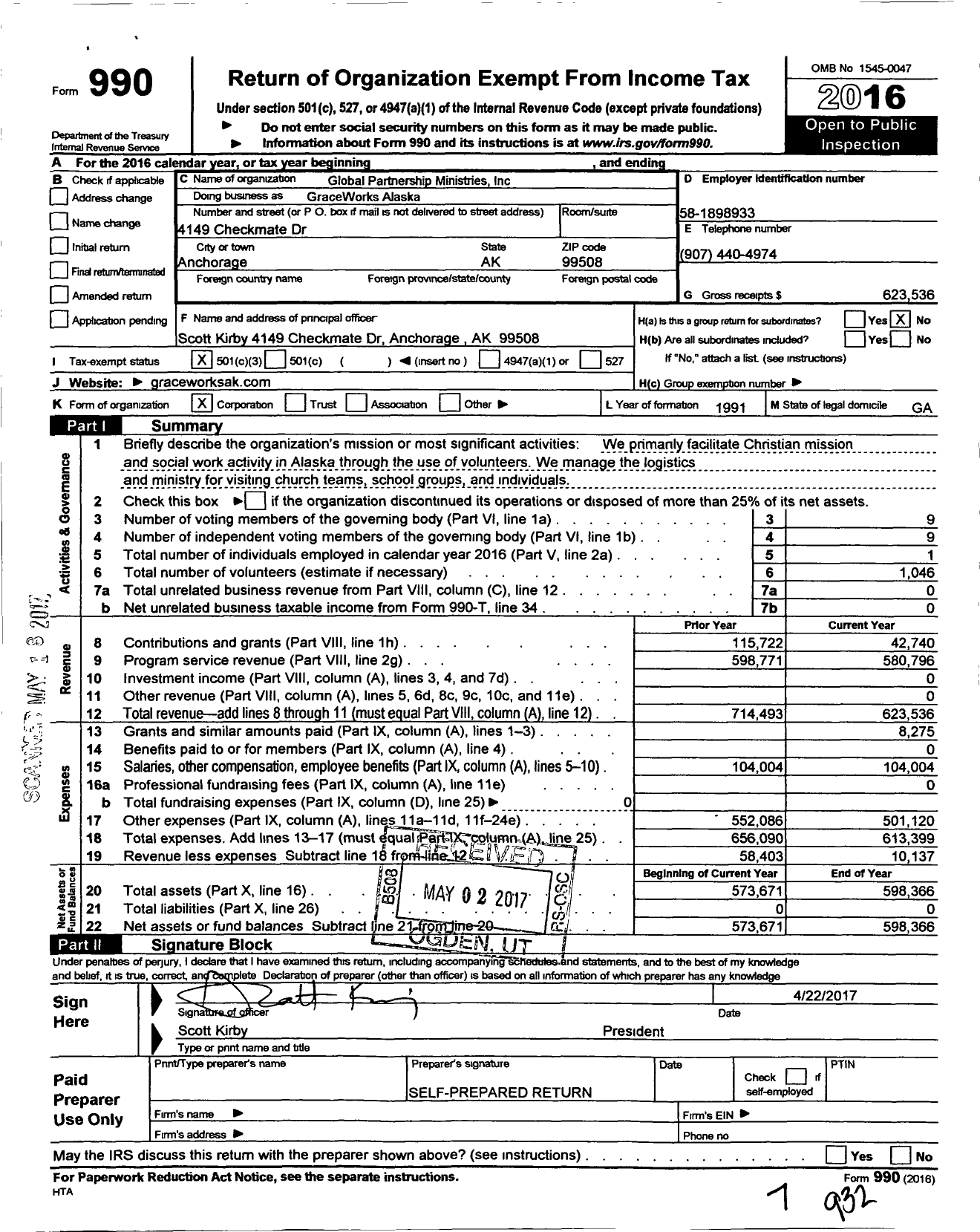 Image of first page of 2016 Form 990 for GraceWorks Alaska