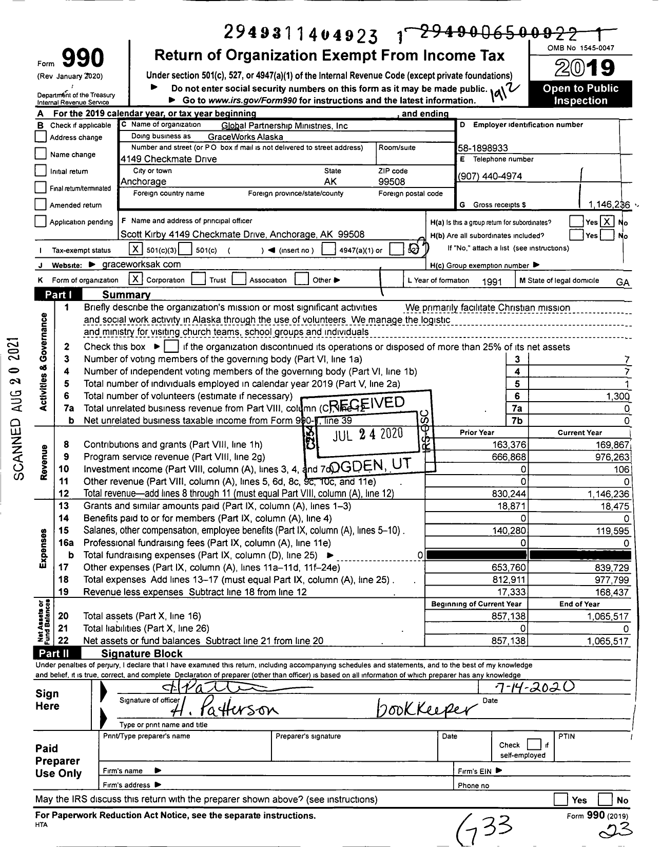 Image of first page of 2019 Form 990 for GraceWorks Alaska